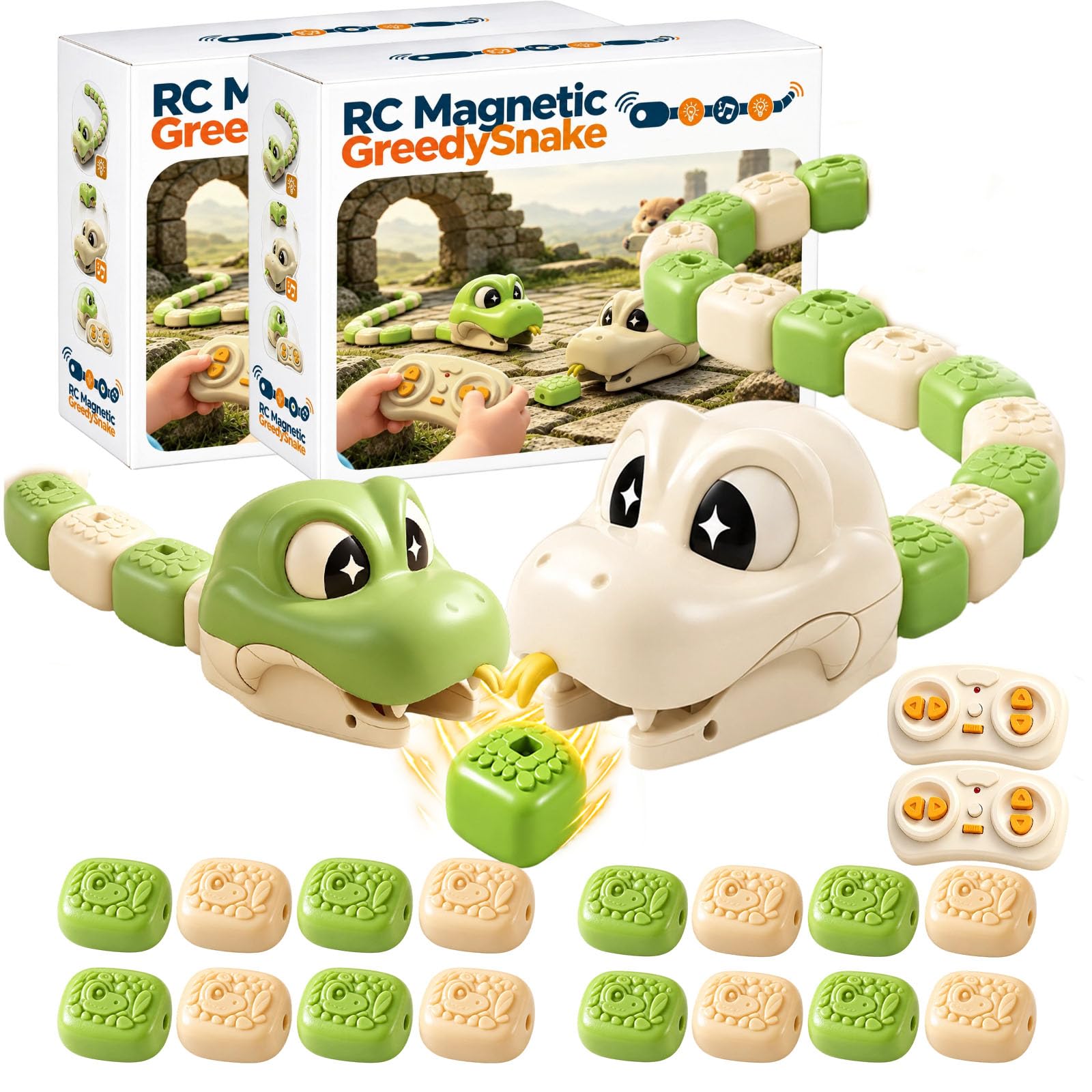 Snake Spiel Ferngesteuert, Magnetic Snake Game mit 8 Magnetblöcken, RC Ferngesteuerte Schlange mit Licht, Aufladbares Schlangenspielzeug für 2-Spieler-Wettkampf, Jungen und Mädchen，3-A,16