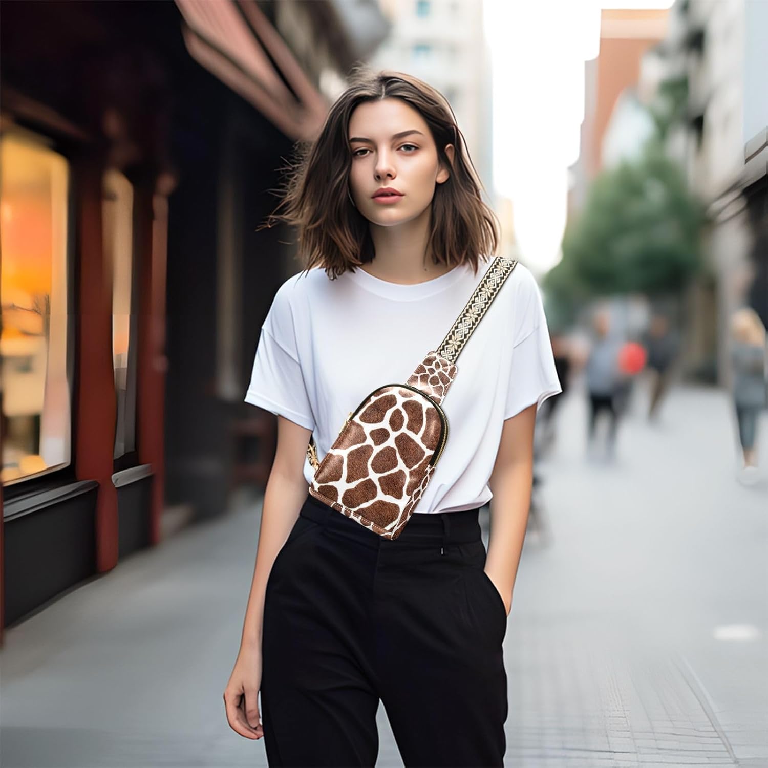 Sling Bag For Women Giraffe Print Small Leather Fanny Pack Crossbody Purses for Women Trendy,waterproof Chest Bag With Wide Strap with Adjustable Strap Anti Theft