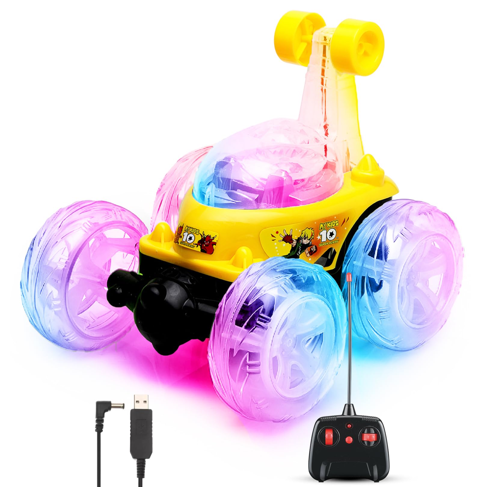 Gooyo 9802 Rechargeable 5 Functions 360° Rotating & Rolling Big Stunt Car Toy with USB Cable & Remote Controller with Demo Feature | Yellow Color, Power Source: Lithium Battery in Car (Included)-image-4