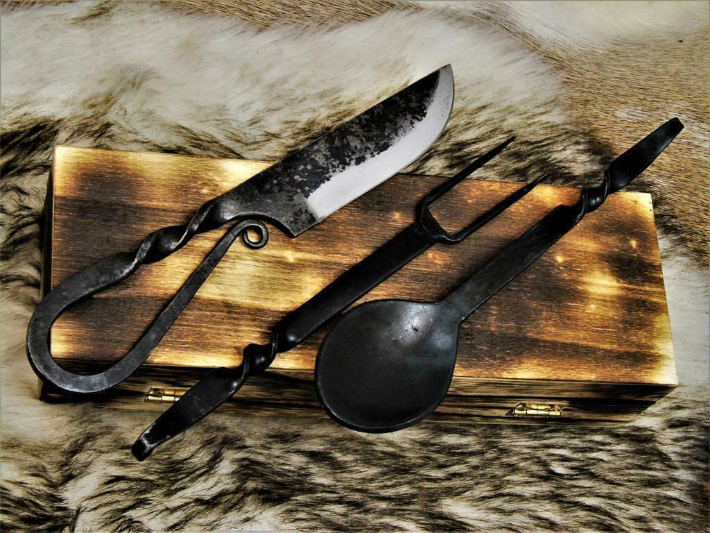 Set di posate medievali, in acciaio forgiato a mano, 3 pezzi, in acciaio al carbonio 1095, con fodero in pelle 4209