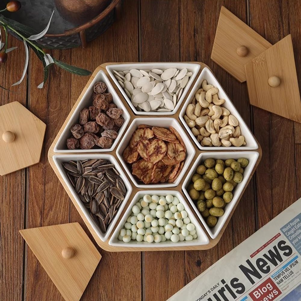 Keramik-Serviertablett Platten, geteiltes Servierset mit 7 abnehmbaren Fächern, Vorspeisen-Gerichte, Snack-Schüssel-Set für Party, Küche, Obst