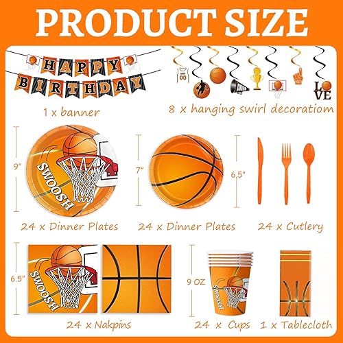 Miniatura 2 de Juego de 178 piezas de decoración de fiesta de cumpleaños con temática de baloncesto, incluye platos, servilleta, taza, tenedor, cuchillos, cuchara,