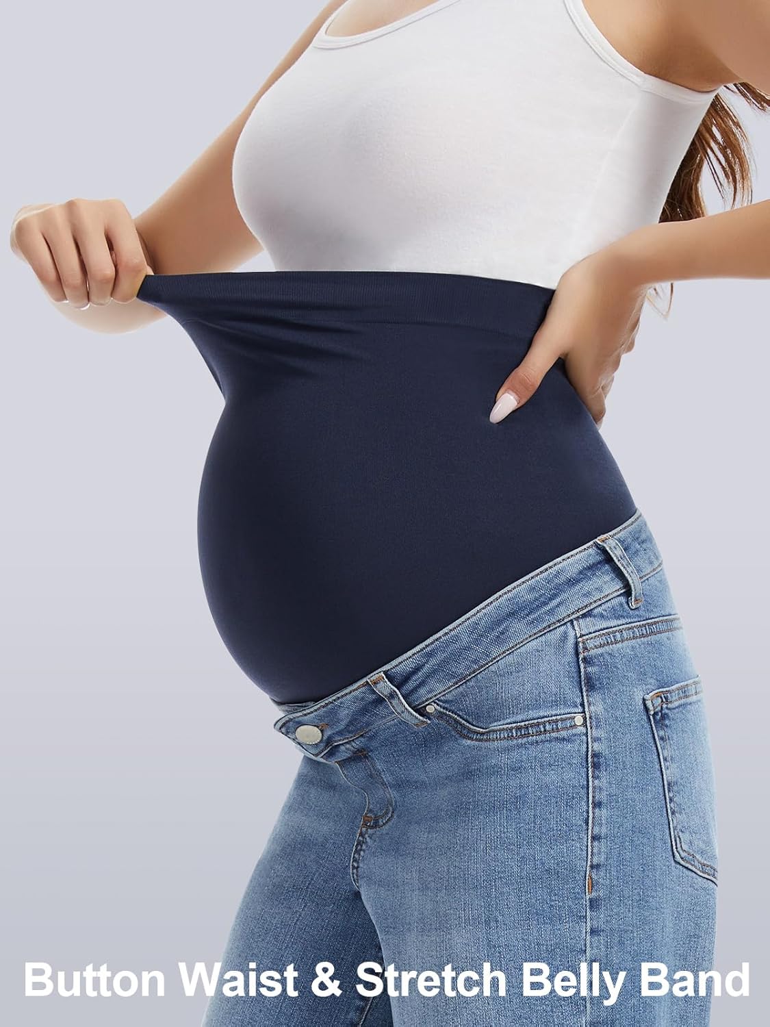 OVRUNS Maternity Jeans for Women Stretch Barrel Jeans Over The Belly Pregnancy Denim Pants with Button Waist - Image 6