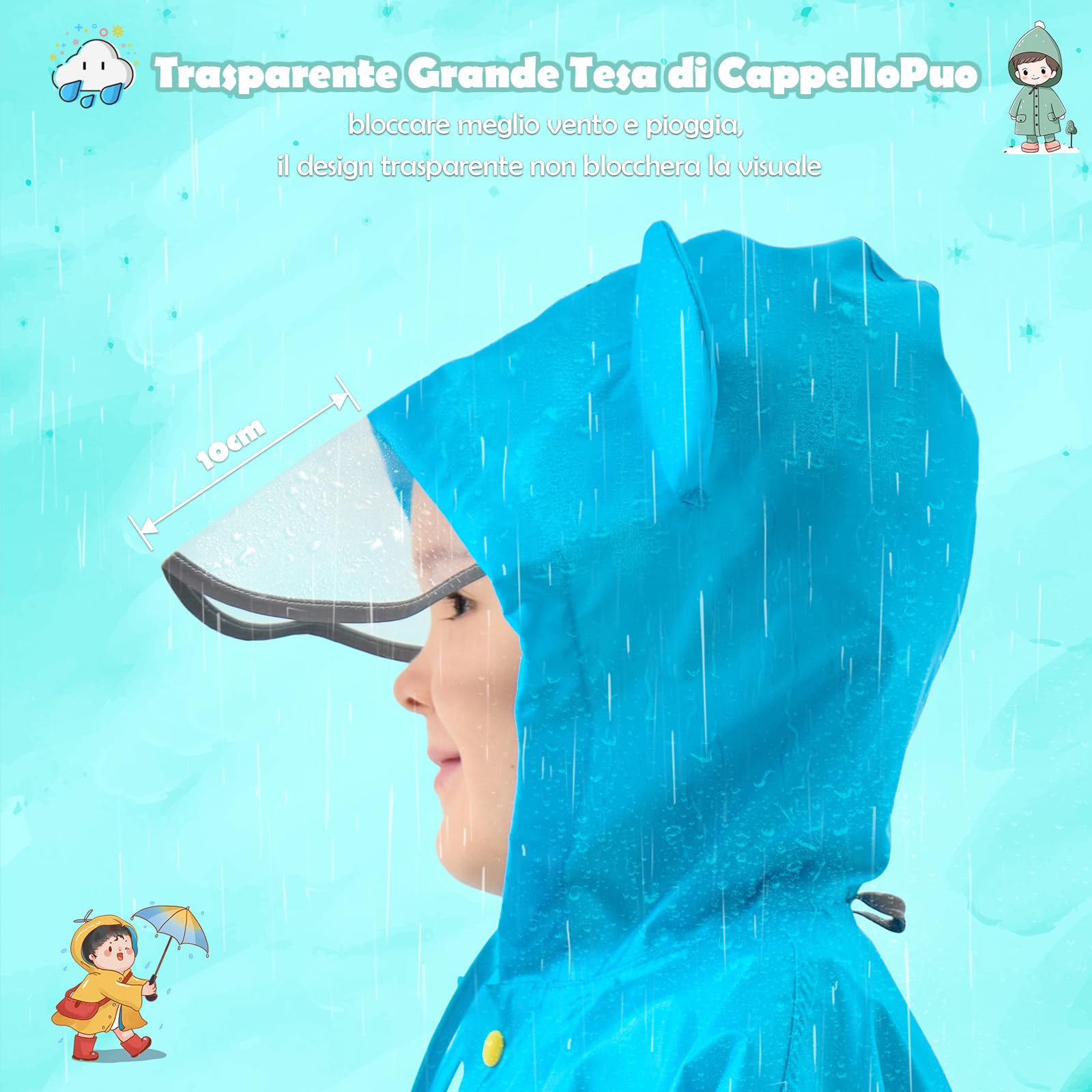 Mantella Antipioggia Bambino, Poncho Impermeabile Mantellina Antipioggia Cappello Allargato Bambino con Strisce Riflettenti, Riutilizzabile Pioggia Bambina