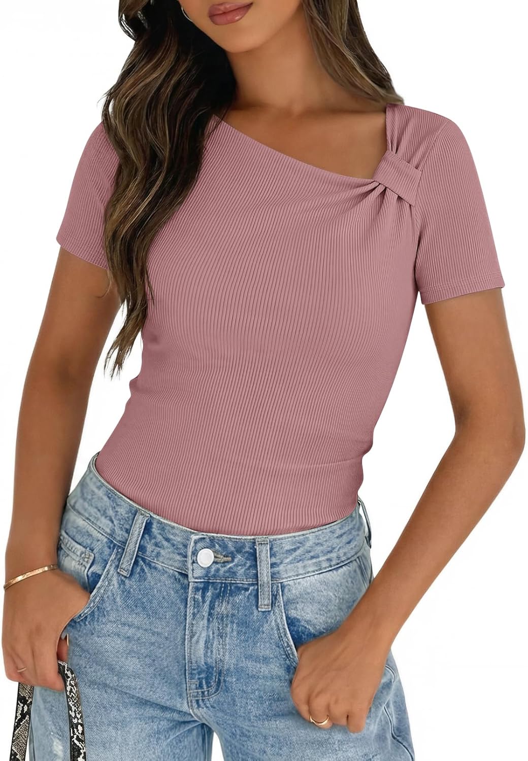 MEROKEETY Women's Summer Asymmetrical Short Sleeve Tops 2026 Casual Dressy Ruched Fitted Y2K Going Out Date Night T Shirts