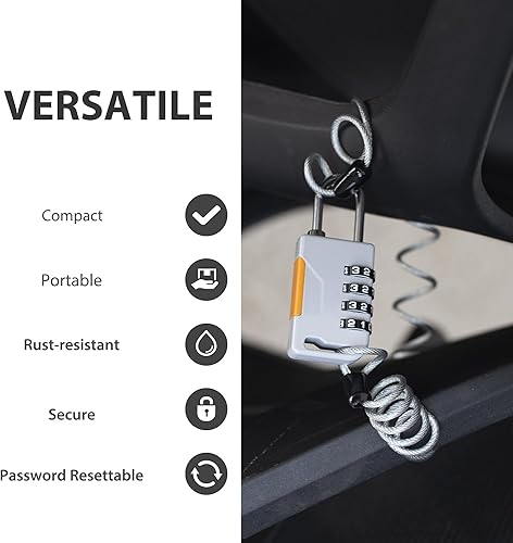 Miniatura 3 de Candado de combinación de 4 dígitos con cable retráctil (36 pulgadas), cerradura de esquí, bloqueo de cable combinado para tabla de snowboard,