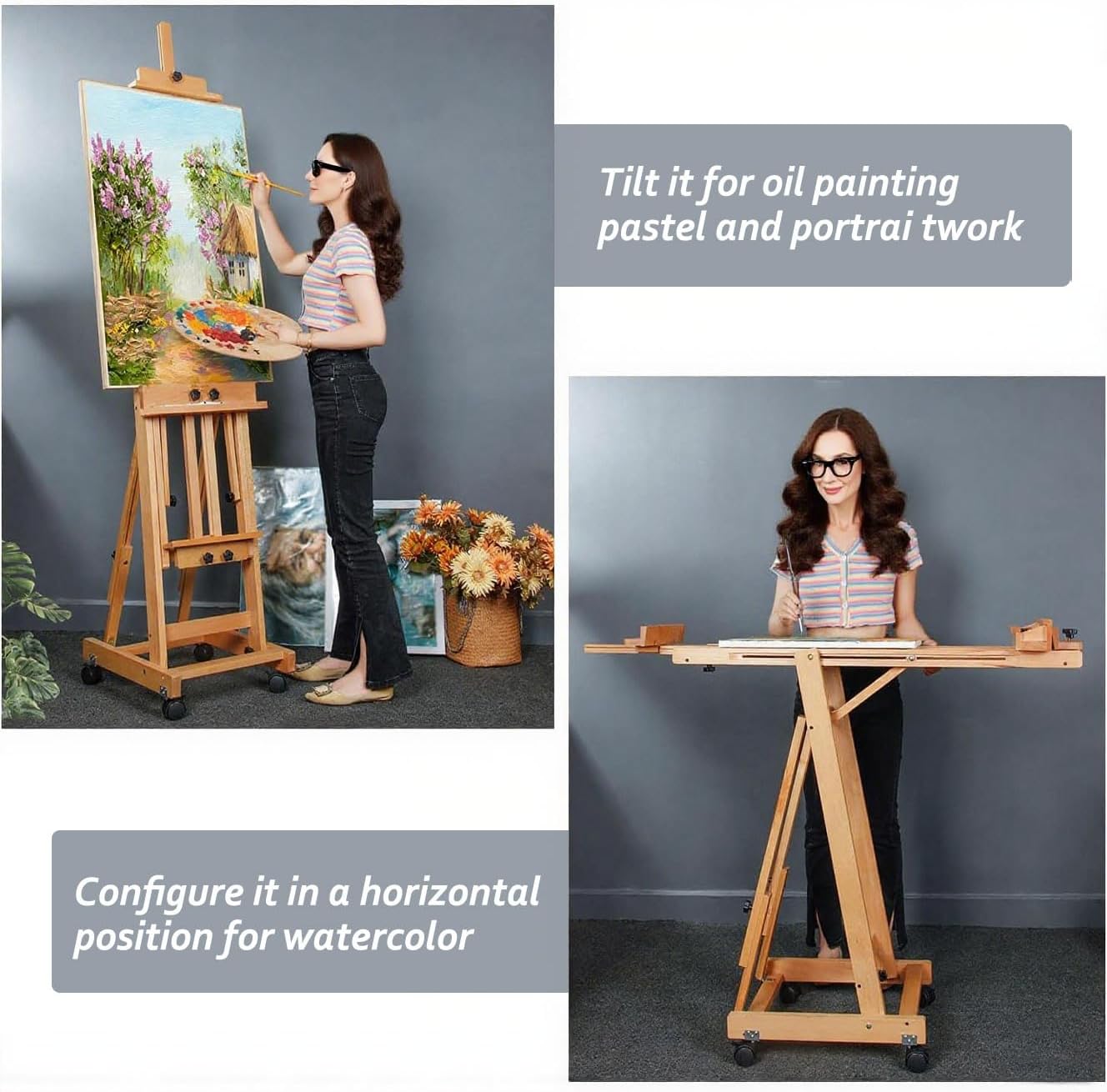 Art Easel for Painting, Large H-Frame Standing Studio Painting Easel Tilting Flat Adjustable with Wheels for Adults Artist, Can Holds 2 Canvases