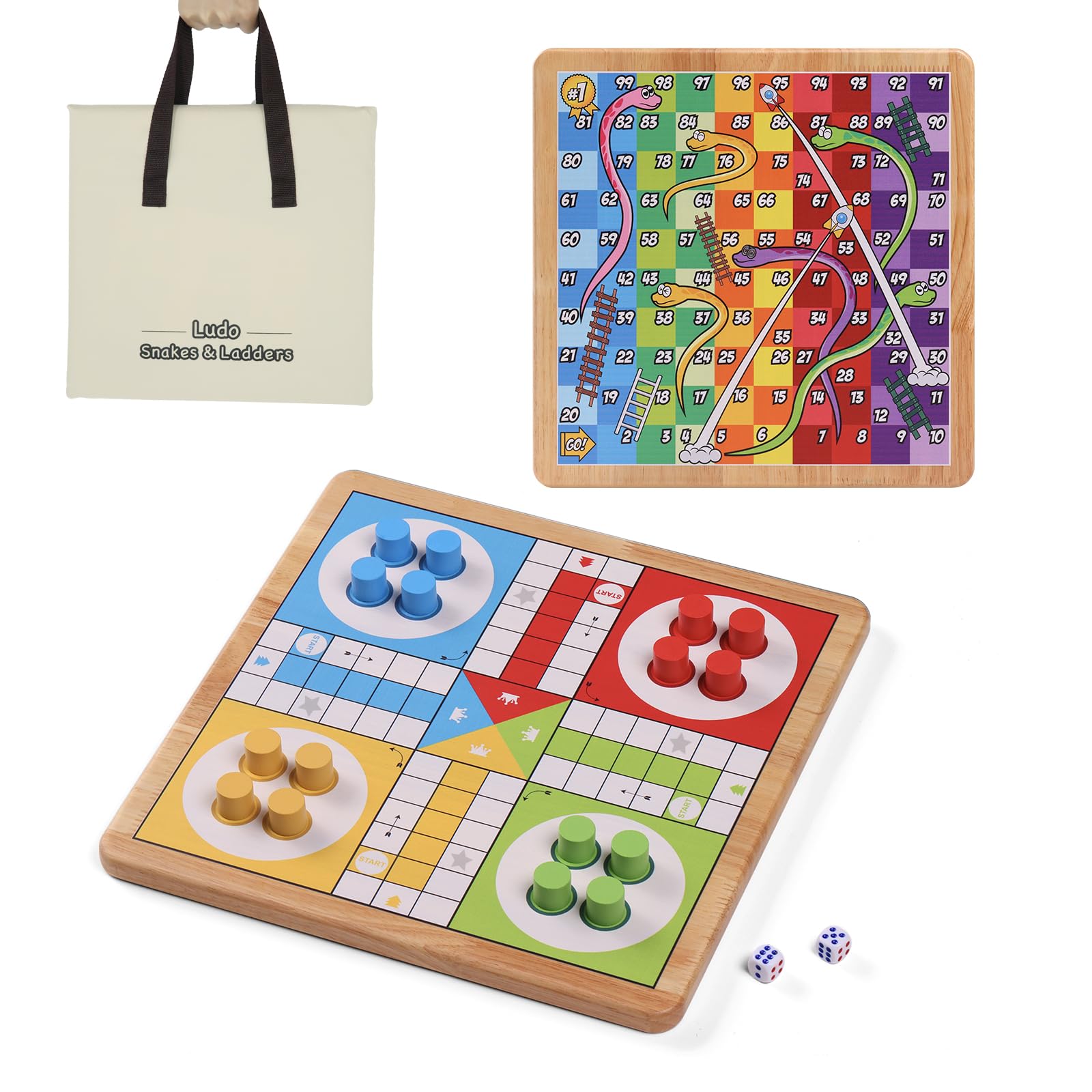 Juego de mesa Ludo+Snakes&Ladders de 30,5 cm, madera de caucho maciza con | Hecho de madera de caucho de calidad, utiliza impresión digital UV para garantizar que los gráficos y los colores sean