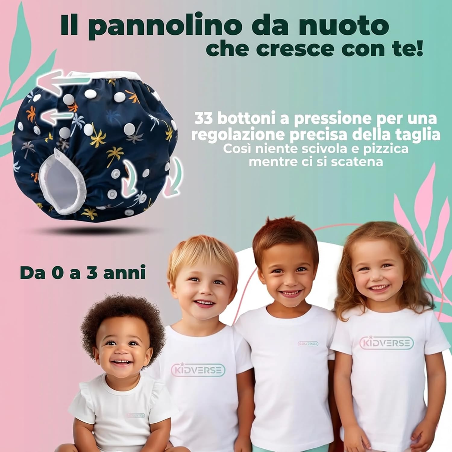 KIDVERSE Pannolini Acquatici Baby Costume da Bagno 0-3 Anni – Pannolino Piscina Neonato Regolabile con Borsa e Rete
