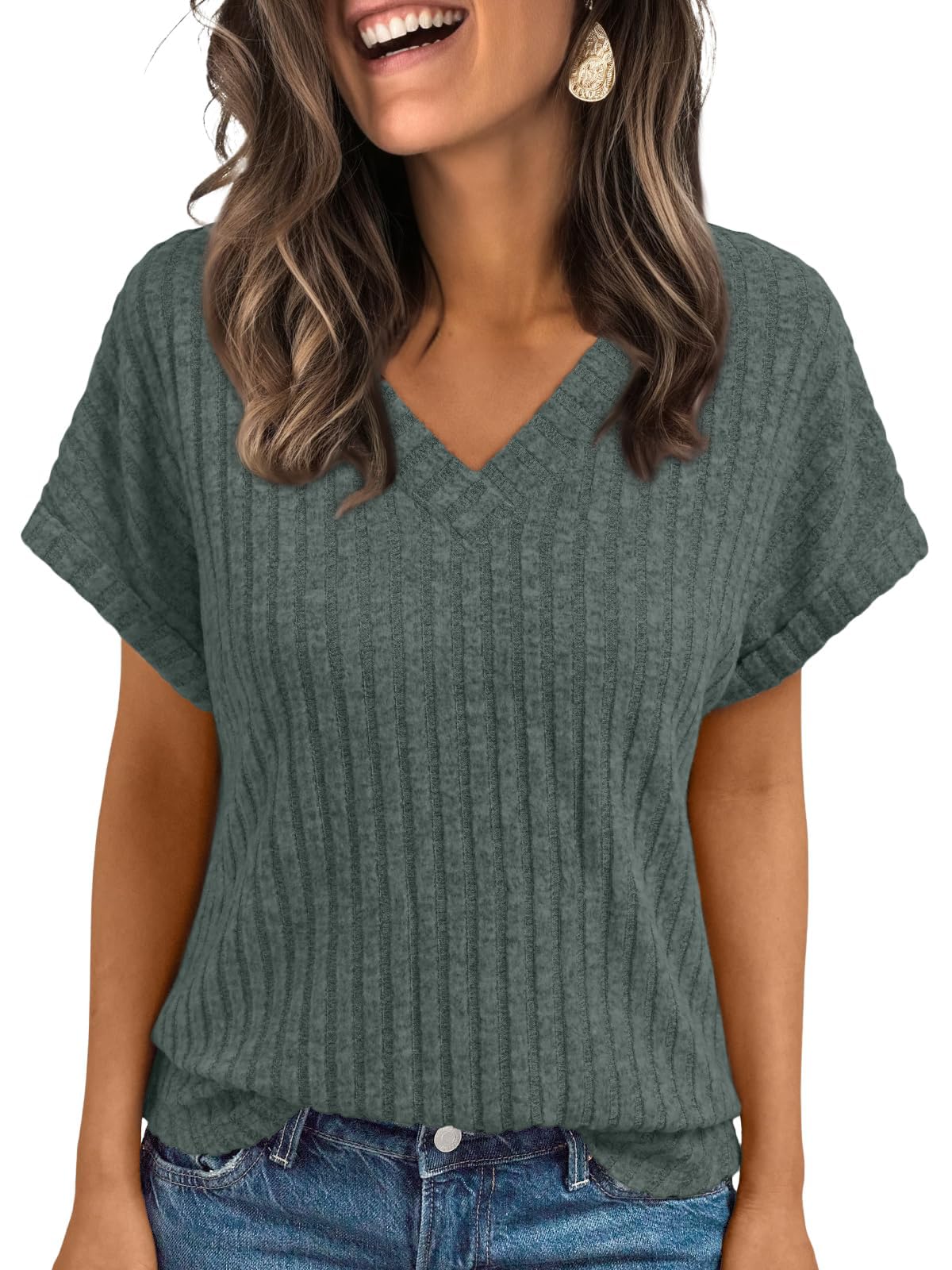 BUNSLOOM T Shirt Damen V-Ausschnitt Kurzarm Leicht Weich Locker Figurbetont Elegant Basic Oberteile Tunika Tops
