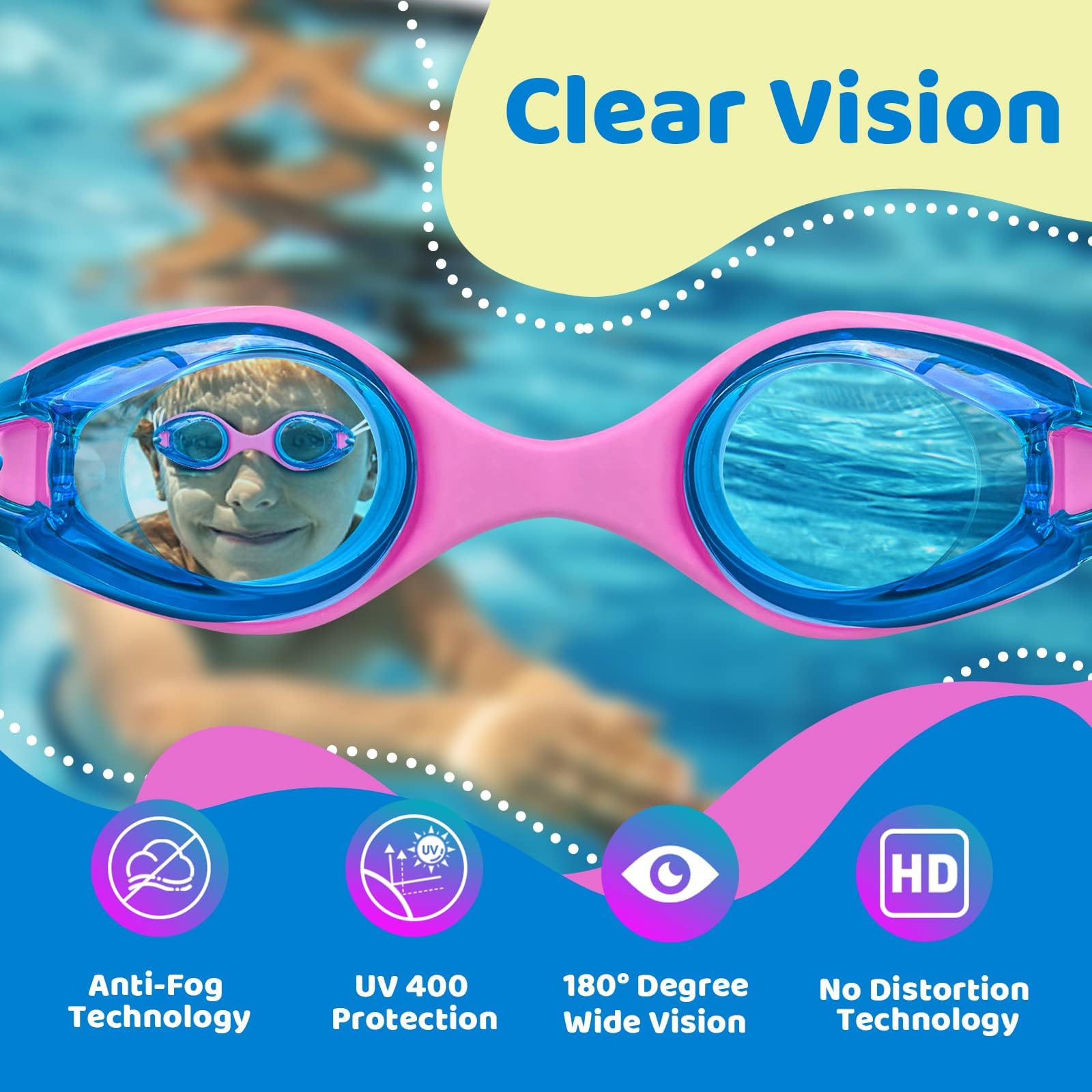 Vvinca Lunettes de natation pour enfants avec sangle élastique sans fuite, anti-buée, avec réglage rapide pour enfants de 3 à 14 ans