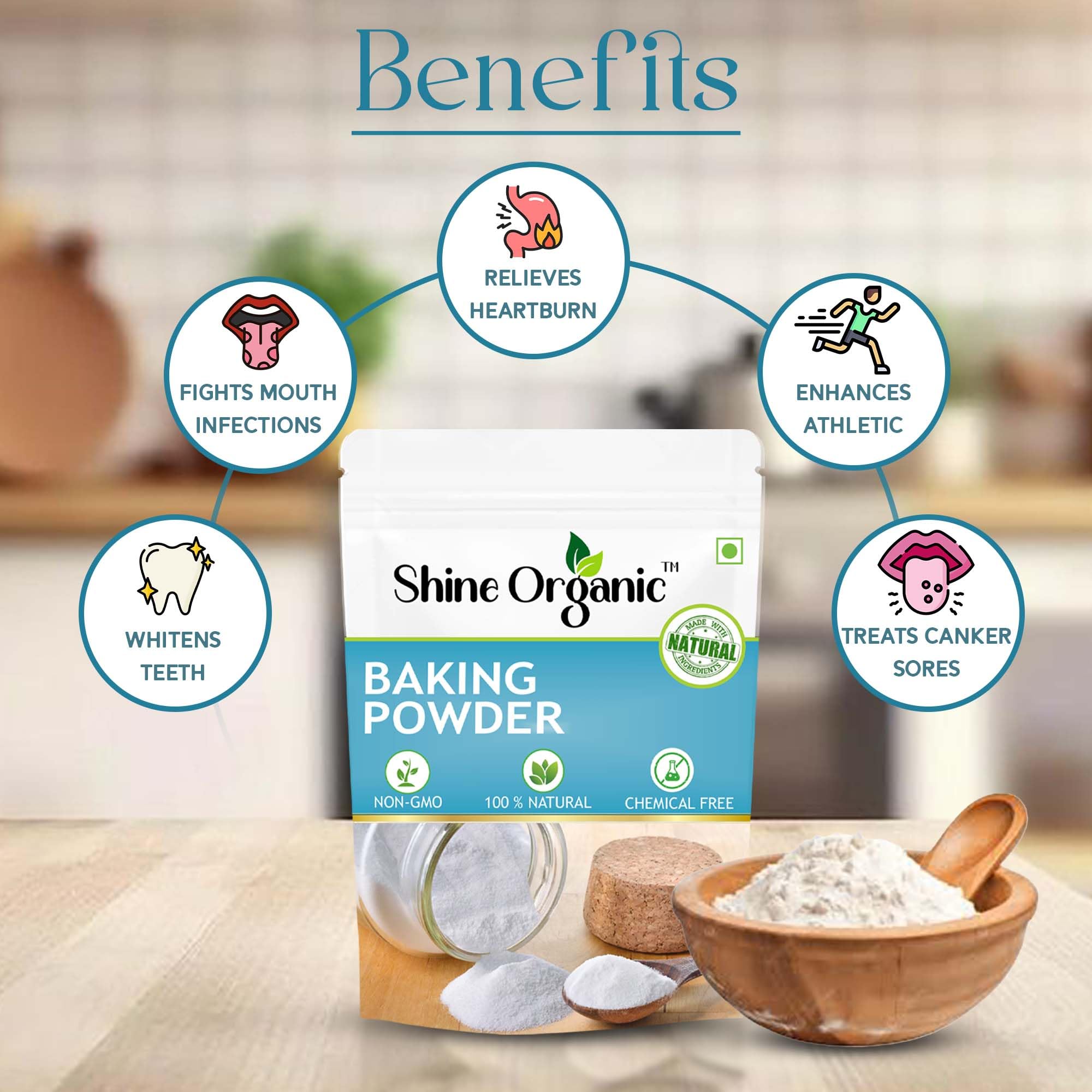 Shine Organic Baking Powder,Double Acting,Gluten-Free for Baking Cakes, Pizza, Breads, Muffins. (100gm) 2