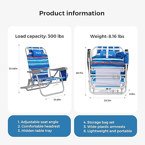 Miniatura 2 de SUNNYFEEL Silla de playa portátil, silla de playa ligera para adultos, silla de camping plegable con mesa auxiliar y bolsa organizadora, 3