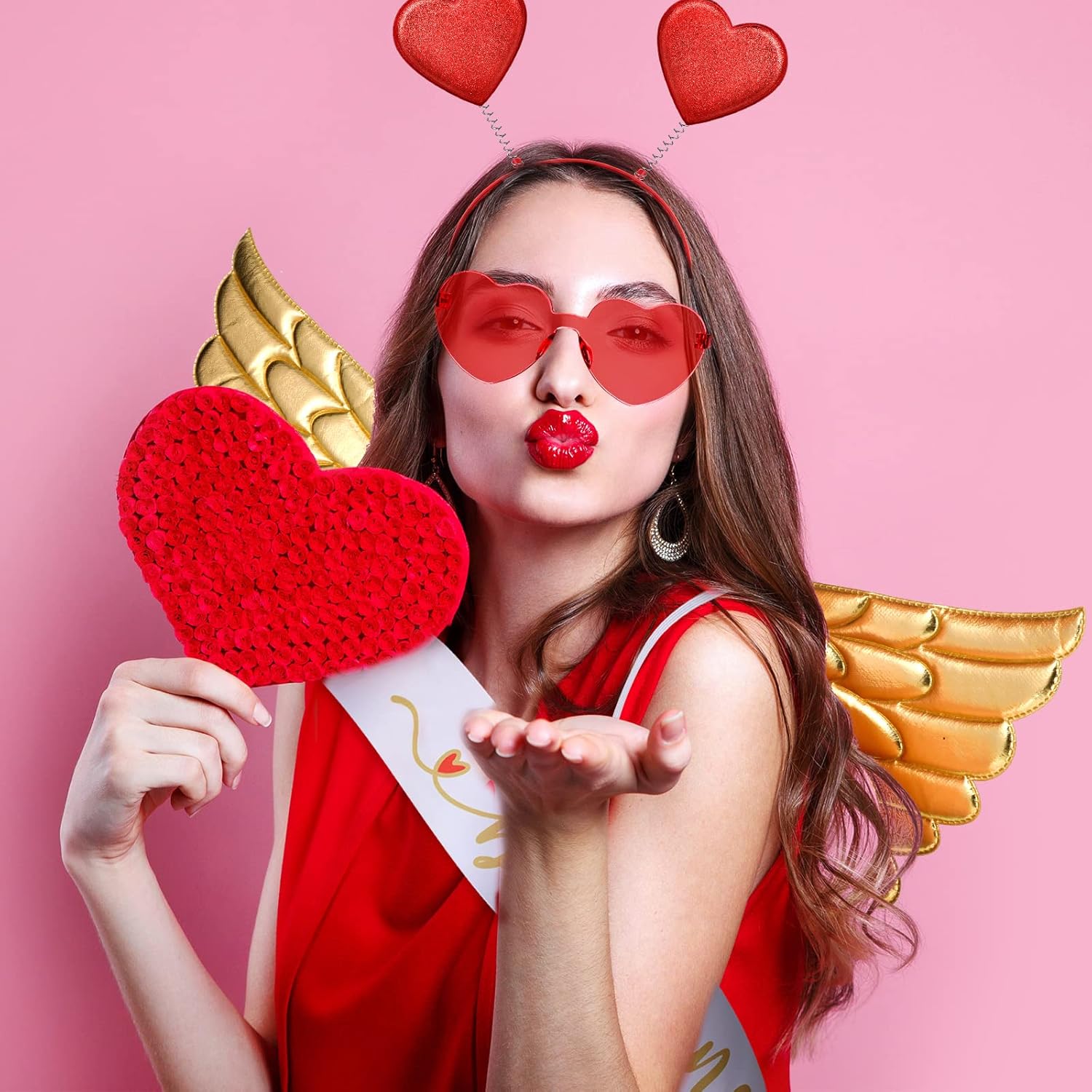 Marsui 7 Pcs Valentines Cupid Costume Set Angel Cupid Accessory Kit Includes Wings, Heart Sunglasses, Bopper Heart Headband, Body Sash, Bow and Arrow and Tutu Skirt for Valentines Galentines Cosplay - Image 6