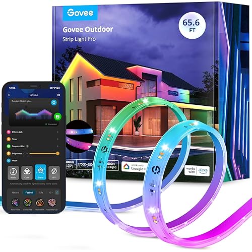Govee Outdoor LED Strip Lights RGBIC with Warm and Cold White, 65.6ft 2.4G WiFi Smart Outdoor Lights, IP65 Waterproof, Work with Alexa and Google Assistant, App Control, for Porch, Patio, Eave, Party