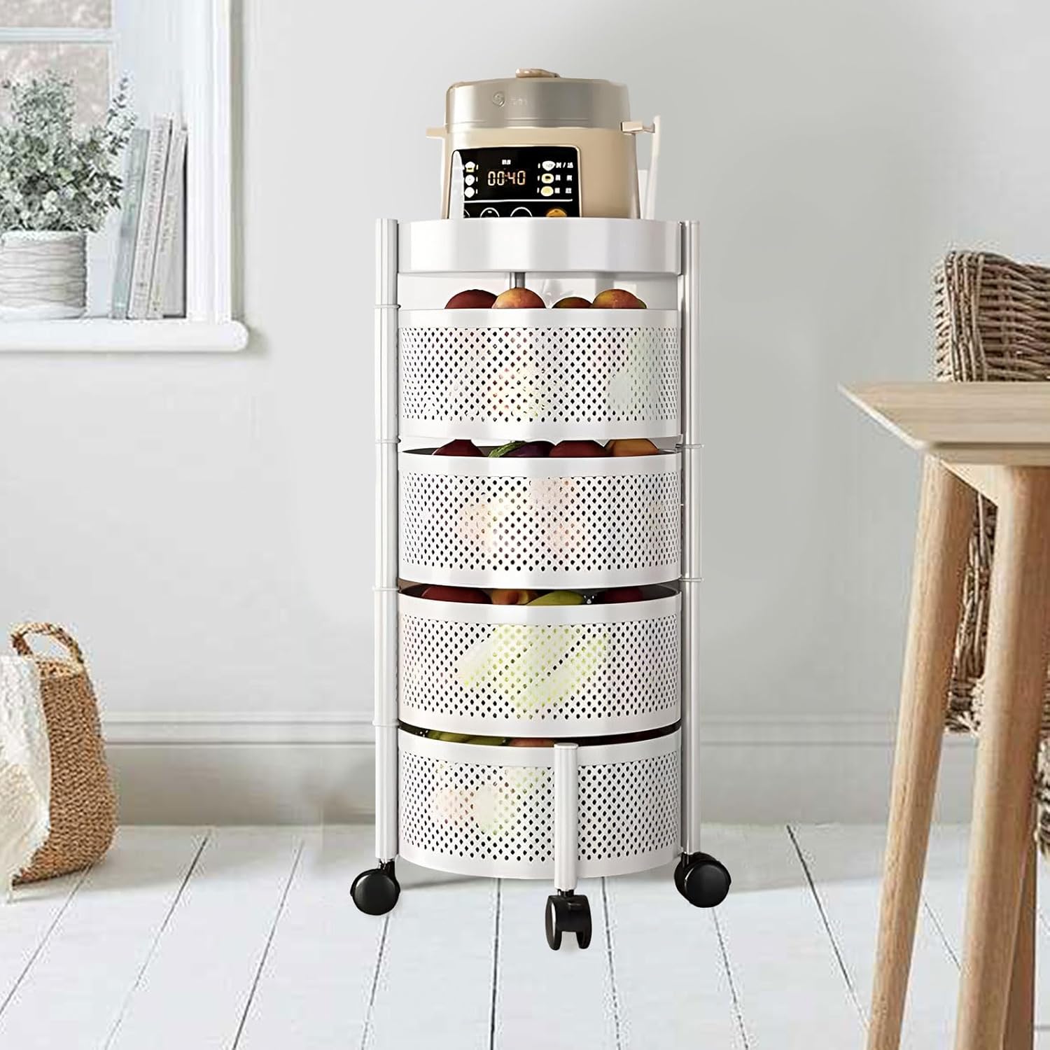 AIZYR Kitchen Storage Rack Rotating Trolley, Storage Shelf Trolley Floor Standing Vegetable Rack for Kitchen, Living Room, Office, Bathroom,White,4 Layers
