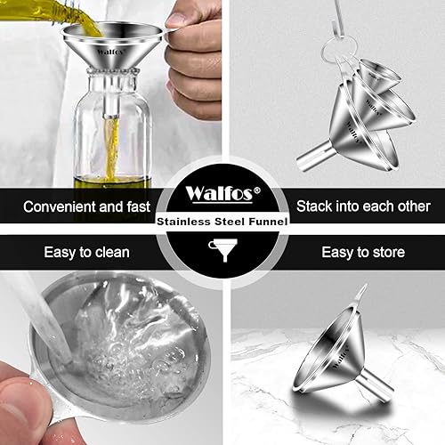 Miniatura 12 de walfos 4 embudos de plástico de cocina (sin BPA), embudo automotriz para transferencia de líquidos, embudos para llenado de botellas, recipientes