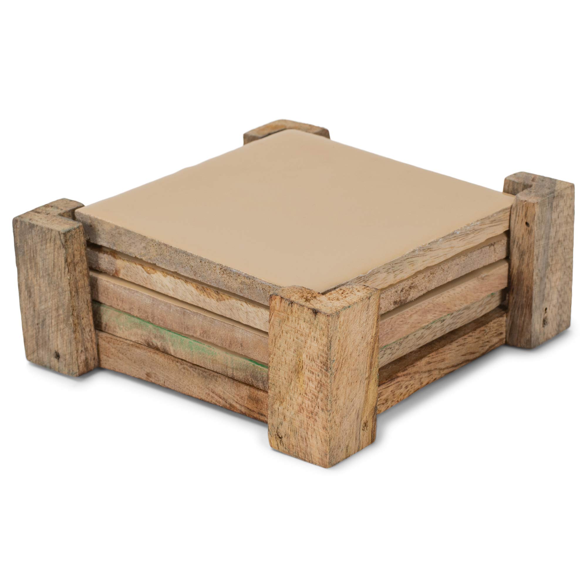 47th & Main Creative Brands Wood Coasters with Holder, Set of 4, Mushroom Beige