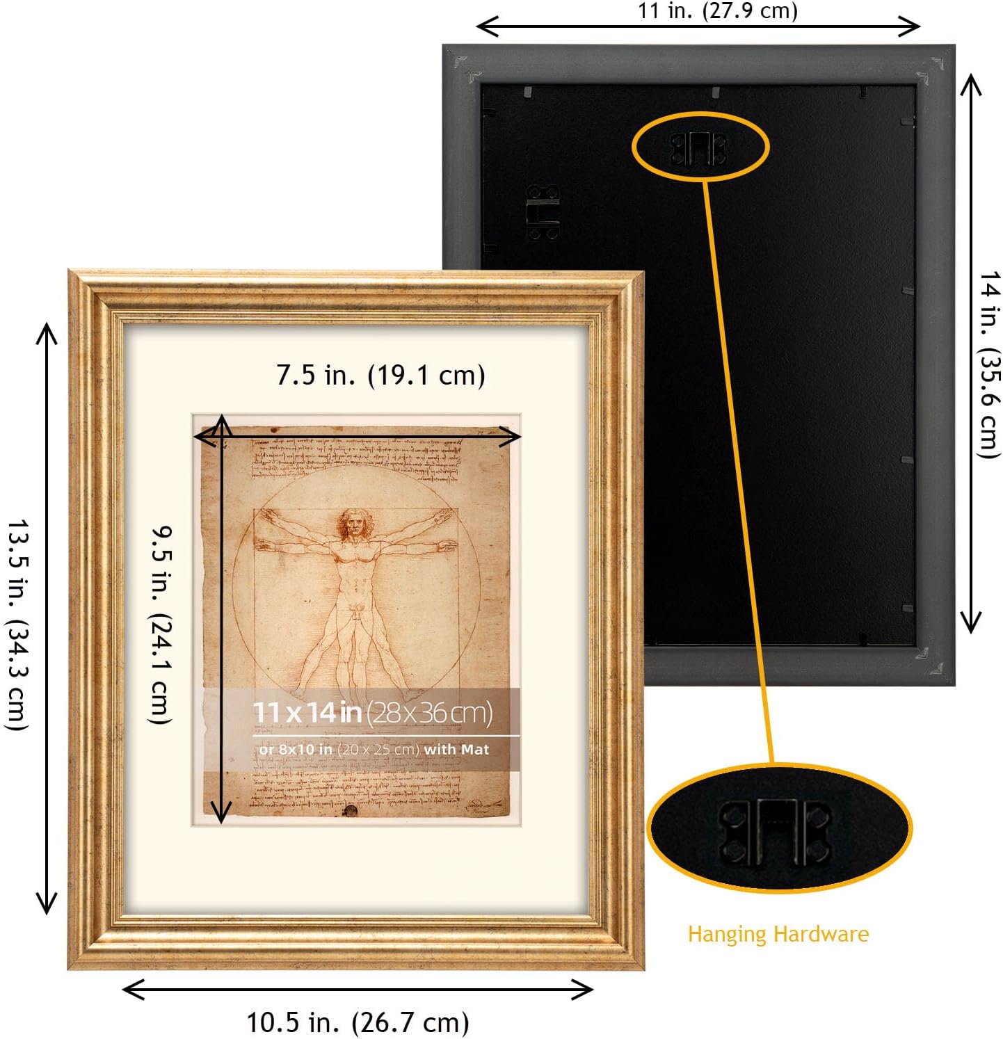 11x14 in Rustic Gold Round Bevel Curved Ornate Classic Picture Frame, Matted for 8x10 inches Photos or artworks, Prints, Real Glass Protection - Image 5