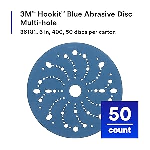 3M Hookit Blue Abrasive Discs 36181, Multi-Hole, 6 in, 400+ Grade, Pack of 50, Virtually Dust-Free, for Auto Sanding, Body Repair, Featheredging, Primer Sanding, Paint Preparation, E-Coat