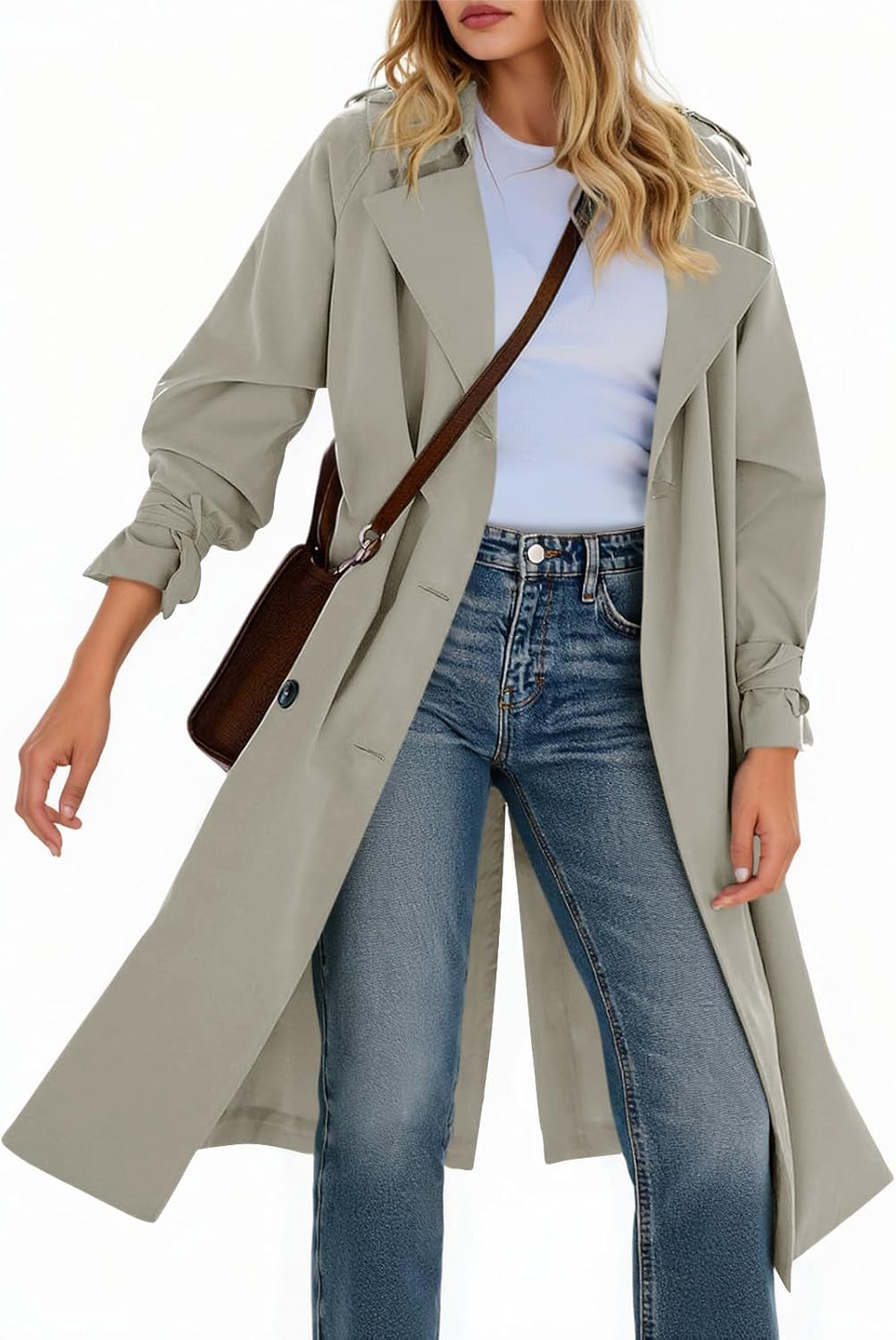 Tankaneo Womens Long Trench Coat Double Breasted Notch Lapel Lightweight Oversized Windproof Fall Overcoat with Belt