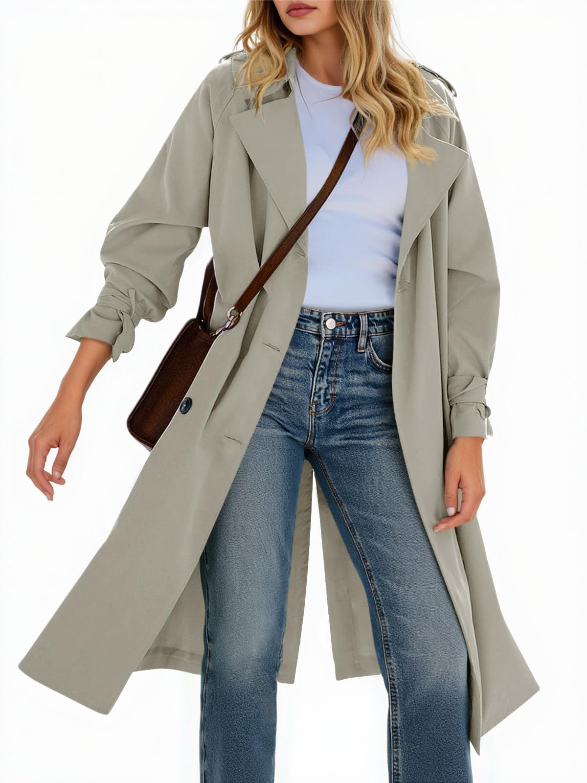Tankaneo Womens Long Trench Coat Double Breasted Notch Lapel Lightweight Oversized Windproof Fall Overcoat with Belt