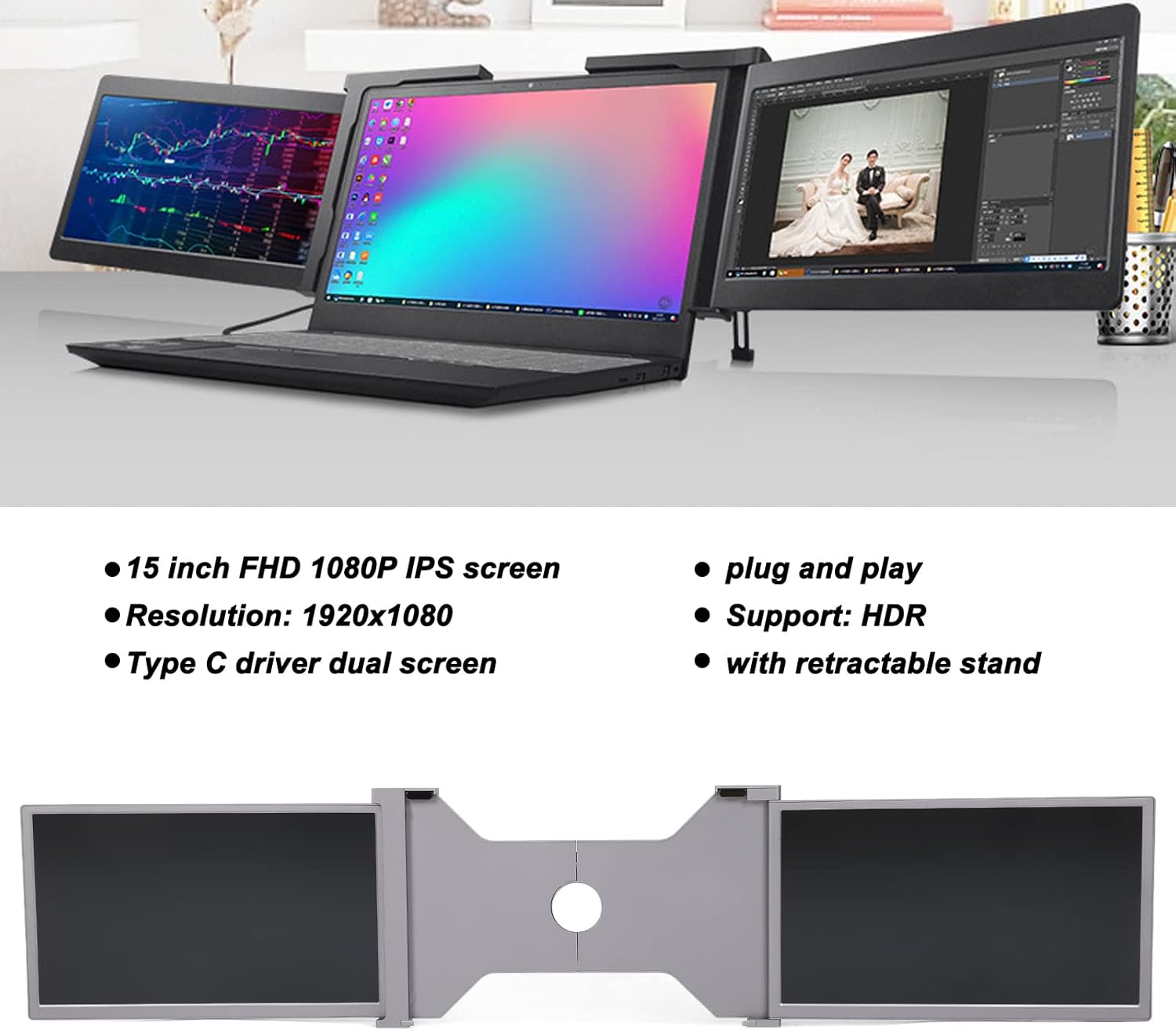 Monitor per Laptop a Triplo Schermo, Display IPS Full HD da 15, Doppio Monitor Portatile Pieghevole per Laptop, Extender per Monitor Plug And Play di Tipo C, per Laptop PC Telefoni(Spazio Grigio) Monitor per Laptop a Triplo Schermo, Display IPS Full HD da 15, Doppio Monitor Portatile Pieghevole per Laptop, Extender per Monitor Plug And Play di Tipo C, per Laptop PC Telefoni(Spazio Grigio)