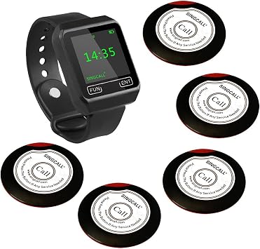 SINGCALL Wireless Waiter Calling System, 5 Pagers and 1 Watch Receiver | Call Waiter Service, Pagers for Restaurant Call Waiter Nurse, For Cafe Coffee Shop Restaurant Office Hotel Bank