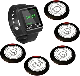 SINGCALL Wireless Service Calling System,for Bank Restaurant Hotel,Call Waiter, Pack of 5 Pagers and 1 Watch Receiver(APE6800)