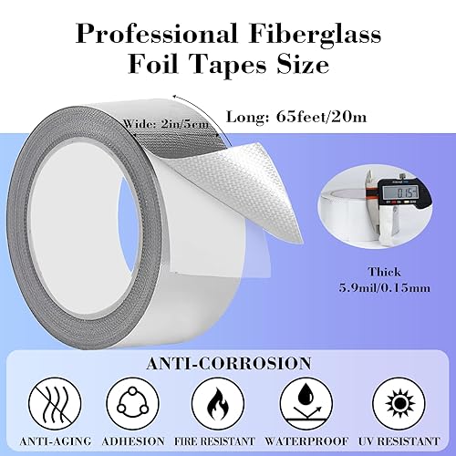 Miniatura 2 de BTTLINGIFT Cinta de papel de aluminio de fibra de vidrio  2 pulgadas x 65 pies, 5.9 mil de fibra de vidrio HVAC cinta de conducto plateado  Cinta