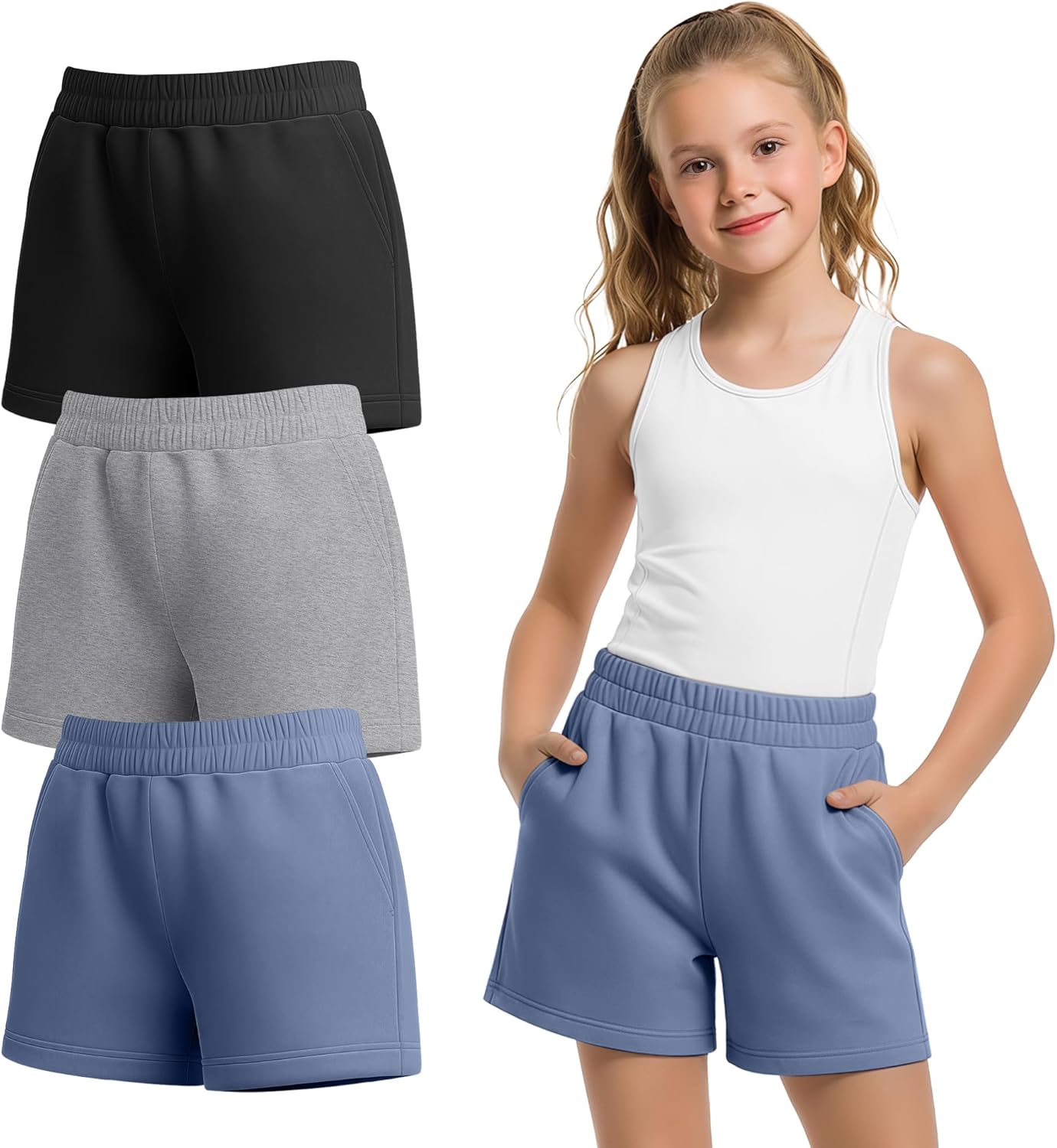 3 Pack Girls Shorts Kids Athletic Summer SweatShorts Casual Teen Cute Loose Elastic Waist Clothes with Pockets