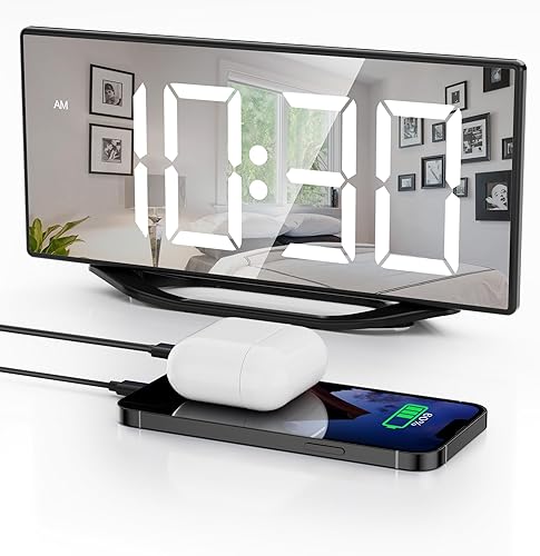 Relojes despertadores digitales para dormitorios, relojes electrónicos con espejo LED de 8.7 pulgadas con 2 puertos de carga USB, 7 niveles de