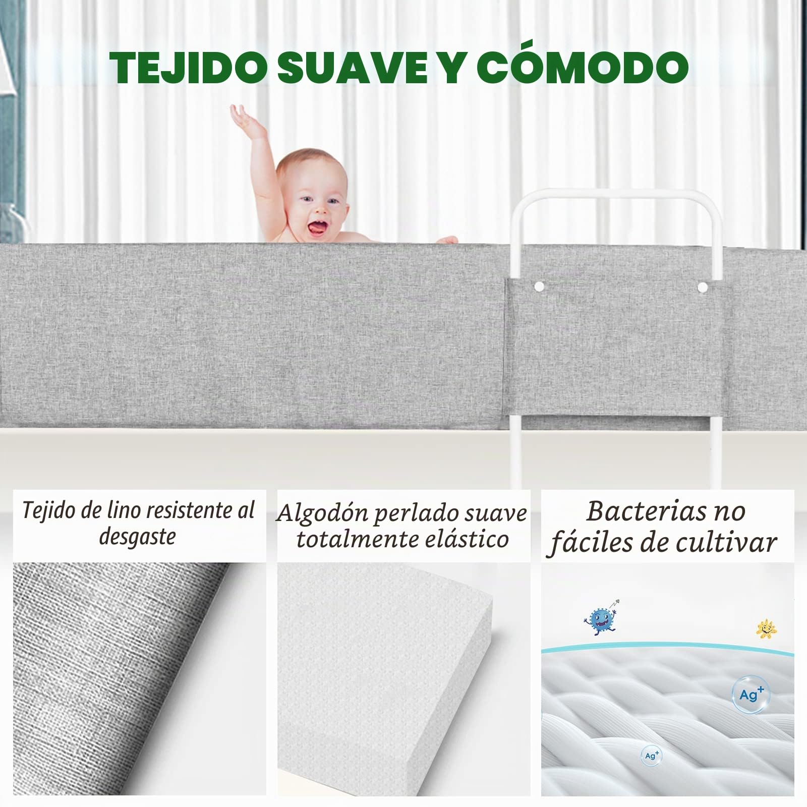 Froadp Barandillas Cama para Niños Pequeños Altura Regulable Protección del Borde de la Cama con Cremallera y Cierre a Presión Protector de Cama Portátil Accesorios de Cuna (180cm, Gris Lino)