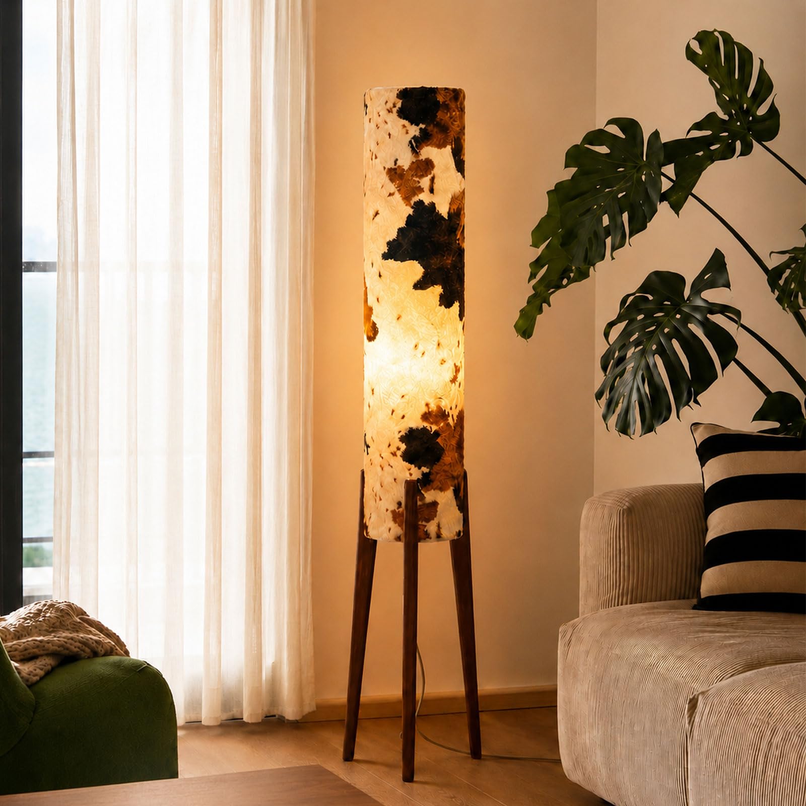 KlkrzJwy 50" Wooden Tripod Floor Lamp Mid Century Modern Cow Print Plush Floor Lamp Paper Lantern Inspired Standing Lamp with E27 3-Color Temperatures Solid Wood Tall Light for Living Room Bedroom