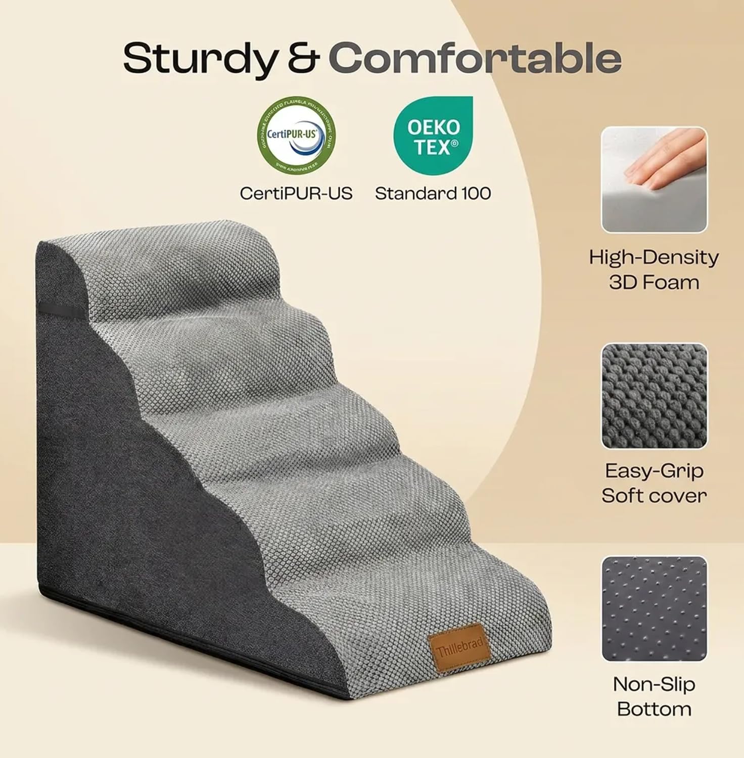Breite Hundetreppe (62 cm hoch), 5 Stufen Tiertreppe aus hochdichtem Schaumstoff für kleine bis sehr große Hunde, rutschfeste Haustiertreppe mit waschbarem Bezug