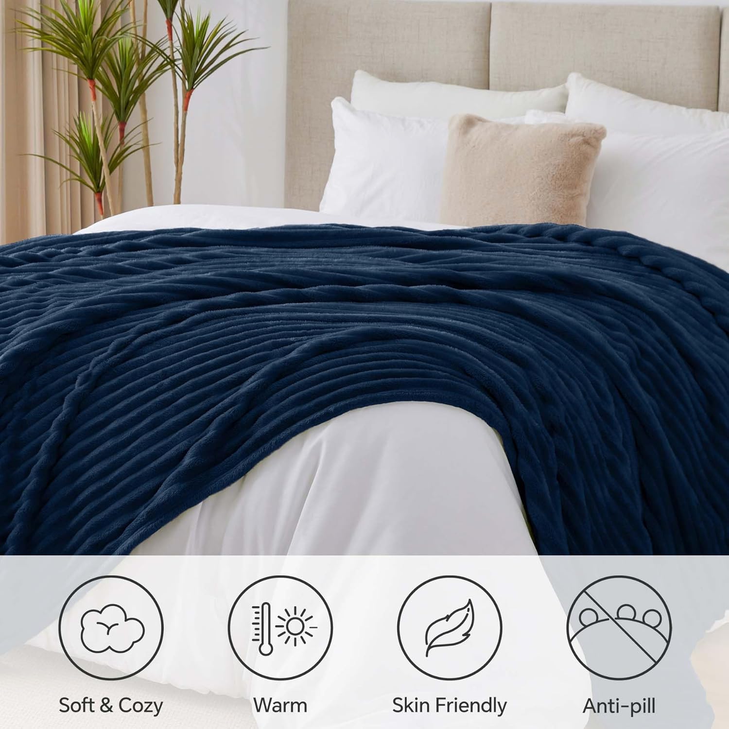 BEDELITE Blankets Queen Size for Bed, 300GSM Soft & Warm Fleece Blanket, Decorative and Giftable Striped Navy Blankets for Women, Men, 90"x90" - Image 2