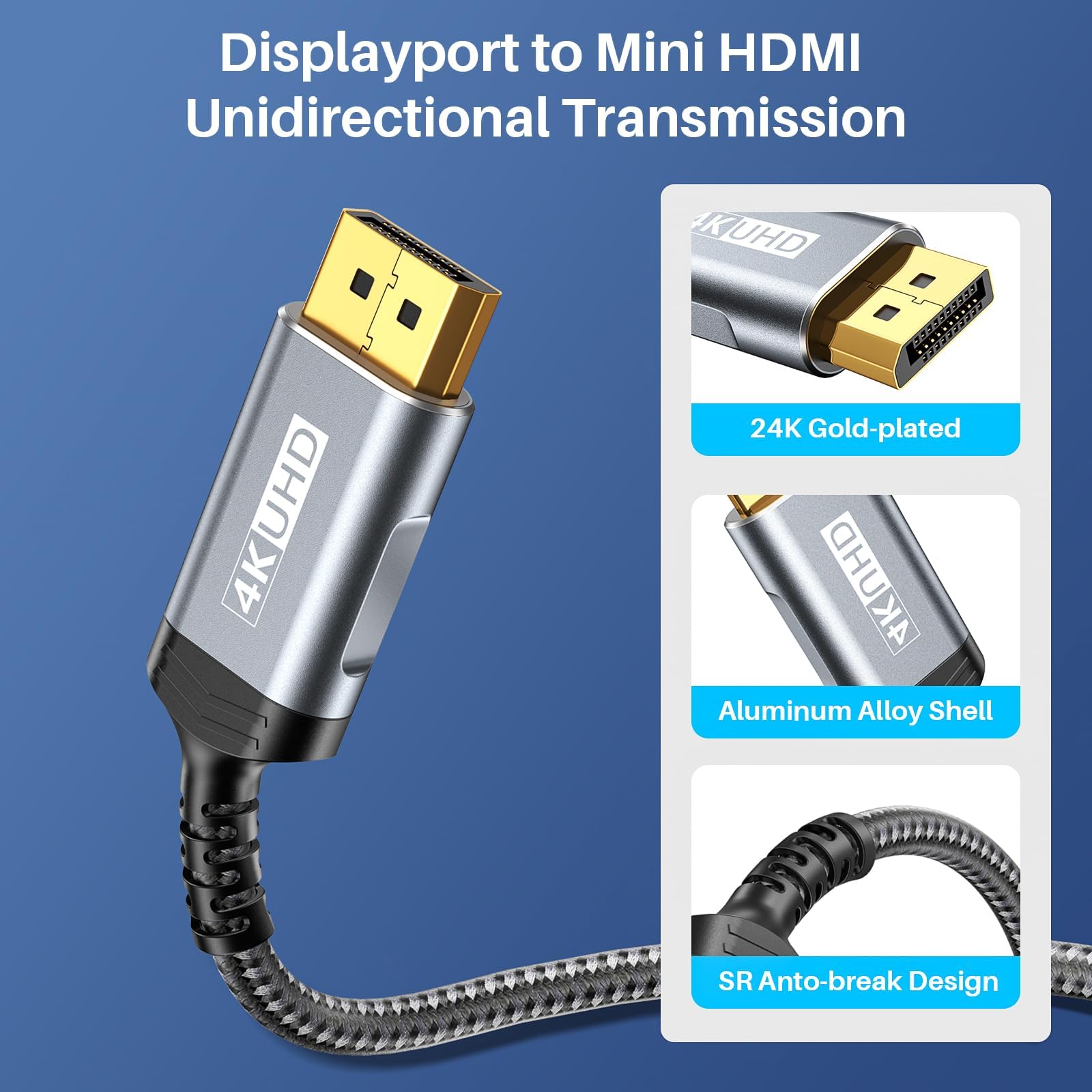 ZeroneTeck Câble DisplayPort vers Mini HDMI unidirectionnel 1M, 4K@60Hz UHD, compatible avec ordinateurs, moniteurs, Ecran Portable, AMD, NVIDIA, ARZOPA, projecteurs, mini PC. Câble nylon anti-flexion