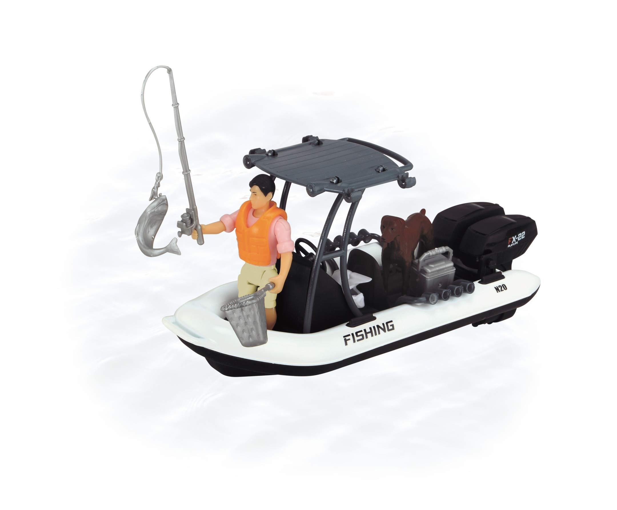 Dickie Playlife Set Pesca con Jeepster Commando con rimorchio, Barca, Personaggio articolato, luci Suoni e Accessori