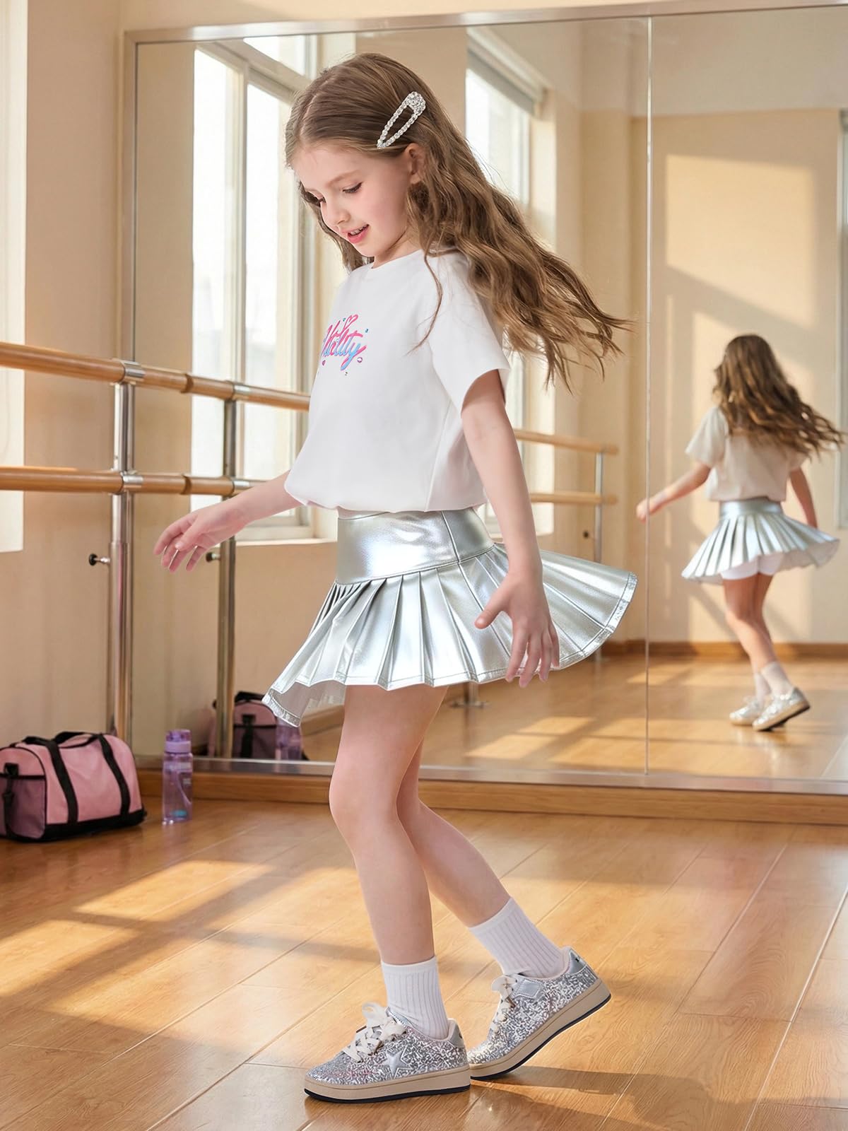 Miipat Falda Plisada Metalizada para Niña, Faldas Infantil Brillantes Cintura Alta Elástica Minifaldas Pantalón con Forro y Bolsillo para Baile Tenis Festa