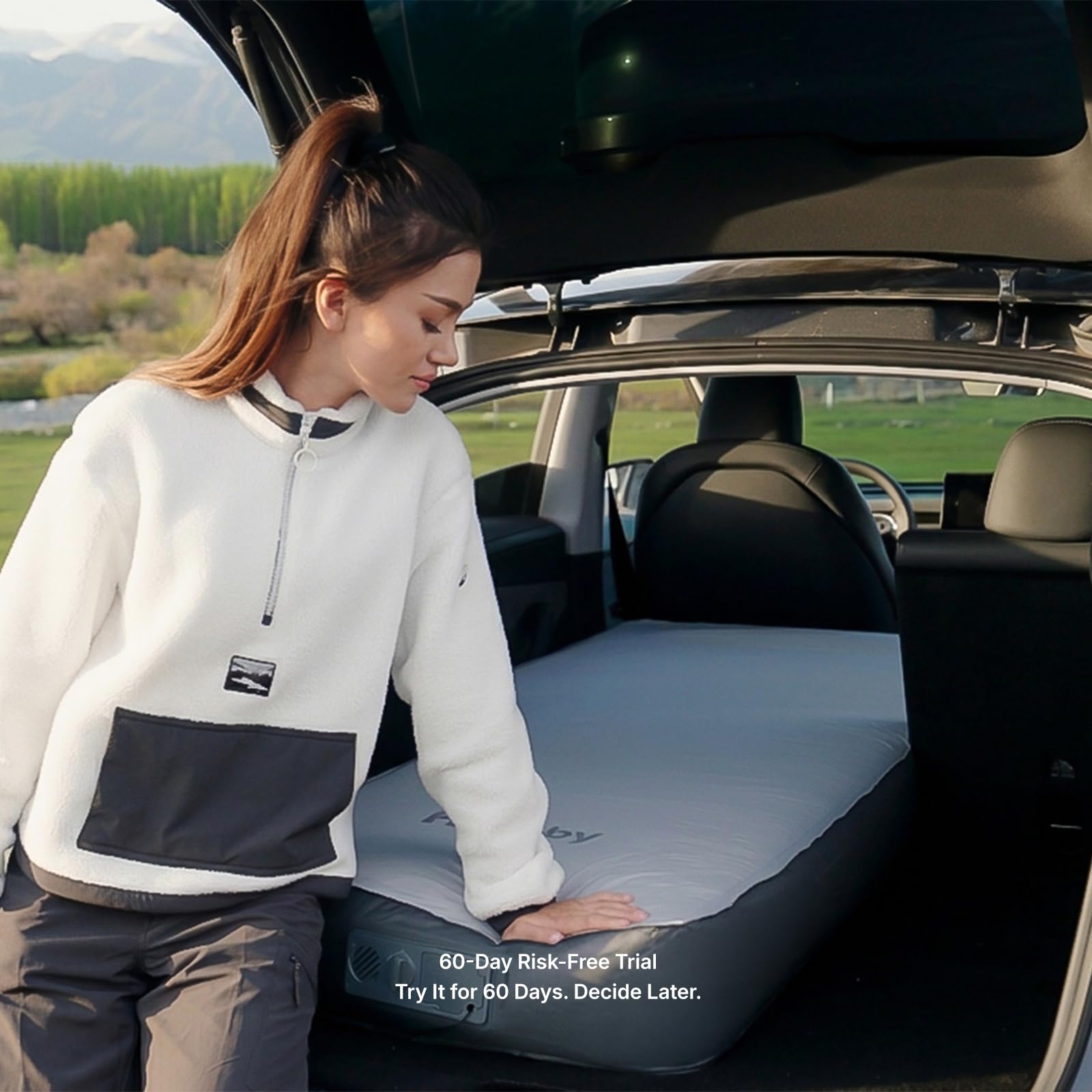 Havnby Materac Solo do Tesla Model Y, wzór klinowy i masywna mata piankowa 17 cm do płaskiego łóżka samochodowego, przenośna mata kempingowa ze zintegrowaną pompką, na kemping solo, wędrówki, drzemki