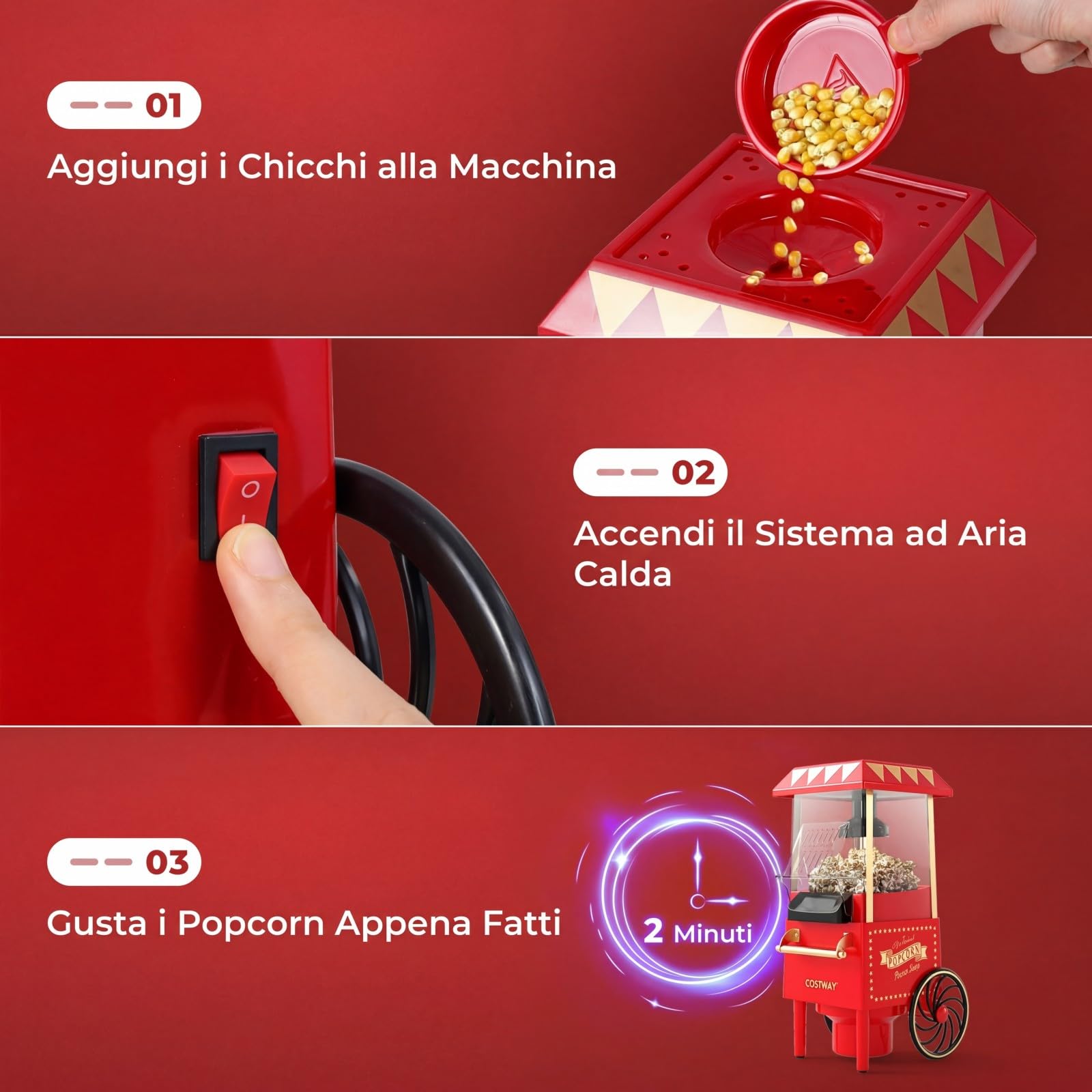 COSTWAY 1200W Macchina Pop Corn, Macchina Popcorn ad Aria Calda con Misurino Pronta in 2 Minuti, Senza Olio, Design Retro e Portatile per Serata Cinema Casa
