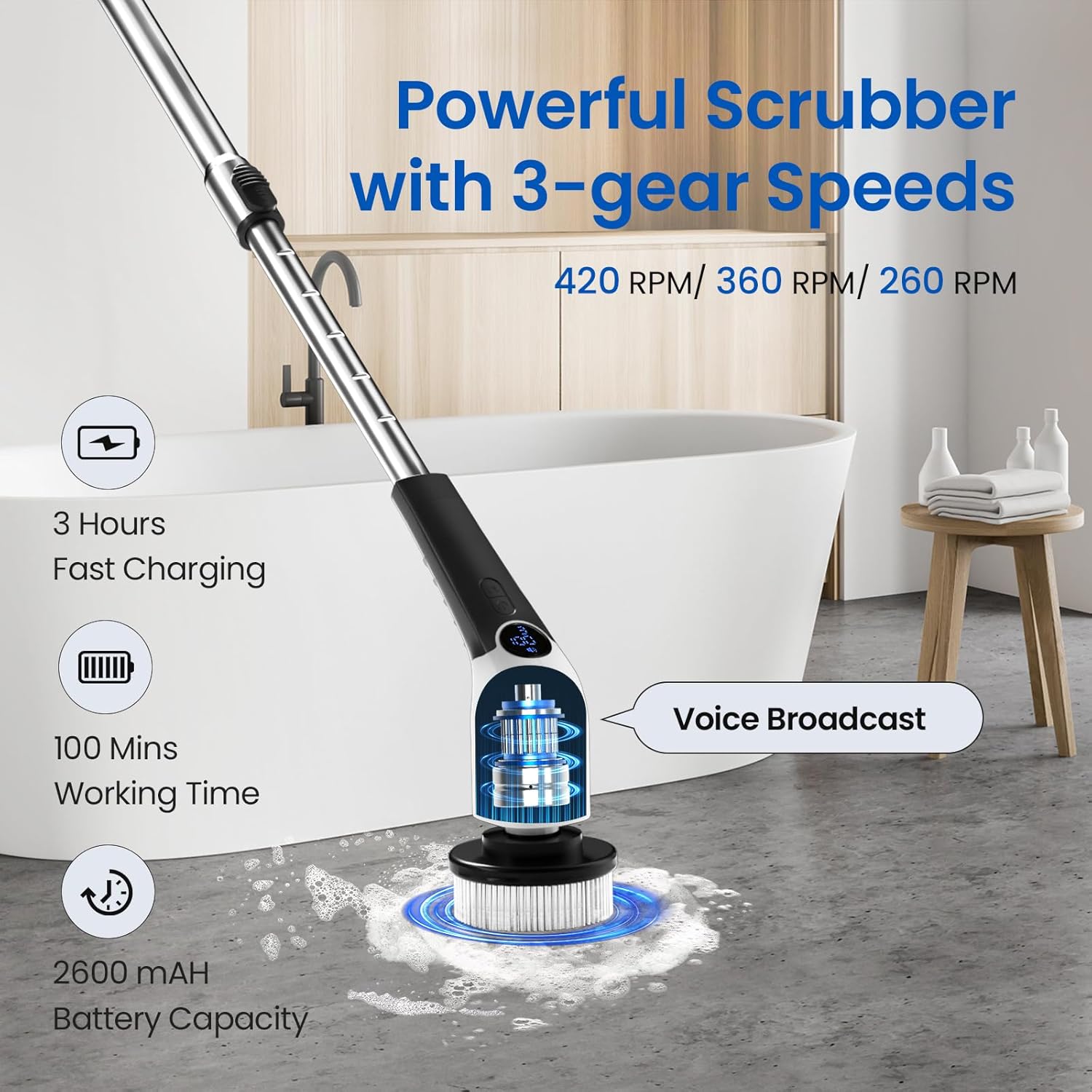 Jorking Electric Spin Scrubber displaying battery level and speed, with voice broadcast feature highlighted.