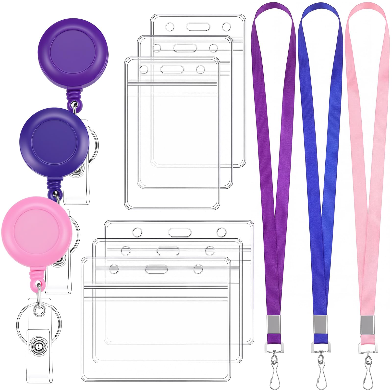 3 Pack Retractable Badge Reels with Clip and Key Ring, Pink Blue Purple โ image 1