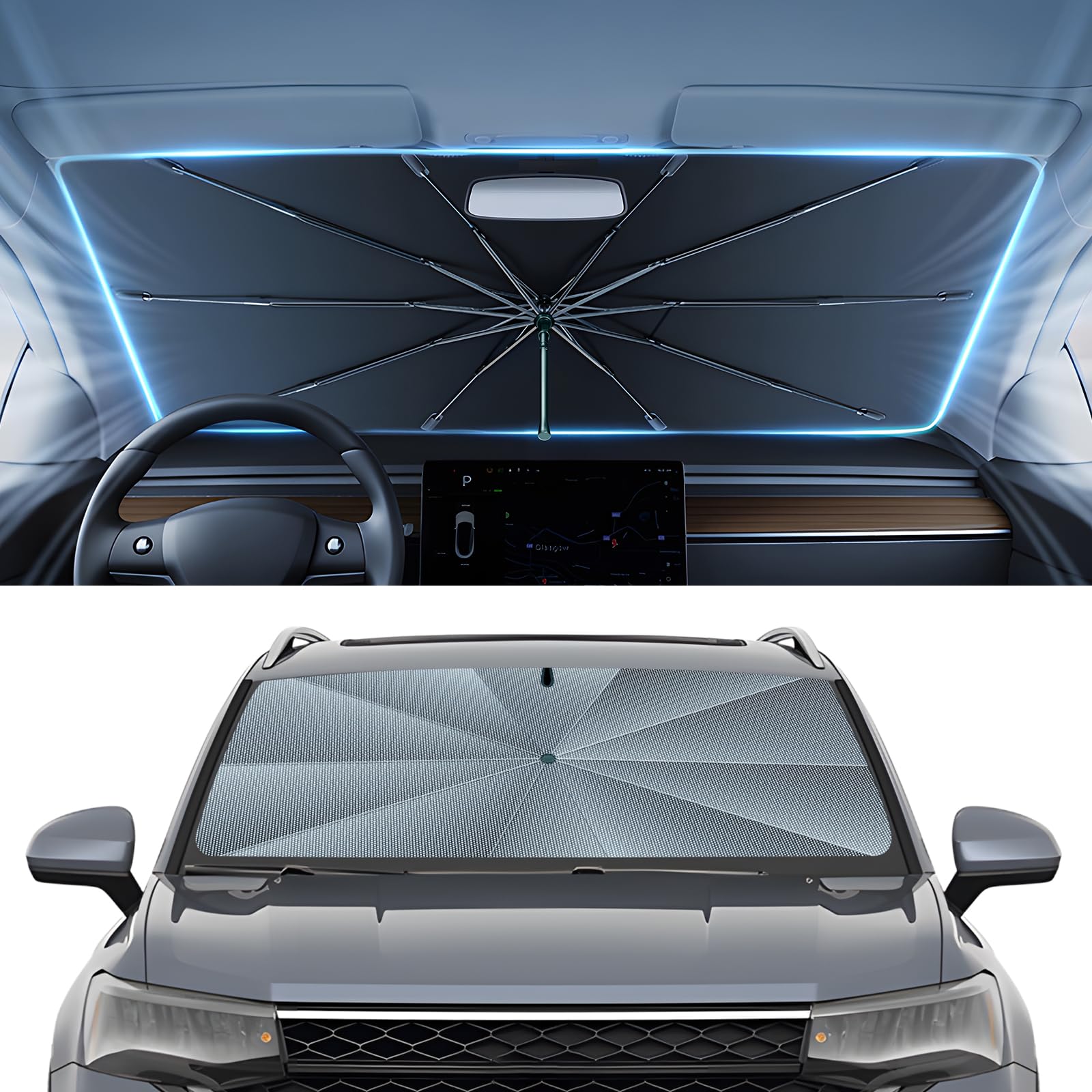 Autorder Windshield Sun Shade Umbrella for 2022-2026 Volkswagen VW Taos Accessories,Upgraded Ice Crystal Material,Easy Setup Umbrella Sunshade for Car Windshield,100% Sun Blocking