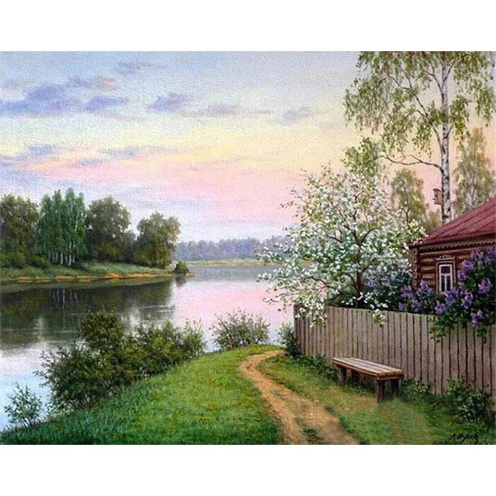 Peinture Diamant 5D Luxe Maison du Lac 80x100cm | Strass Ronds Haute Brillance