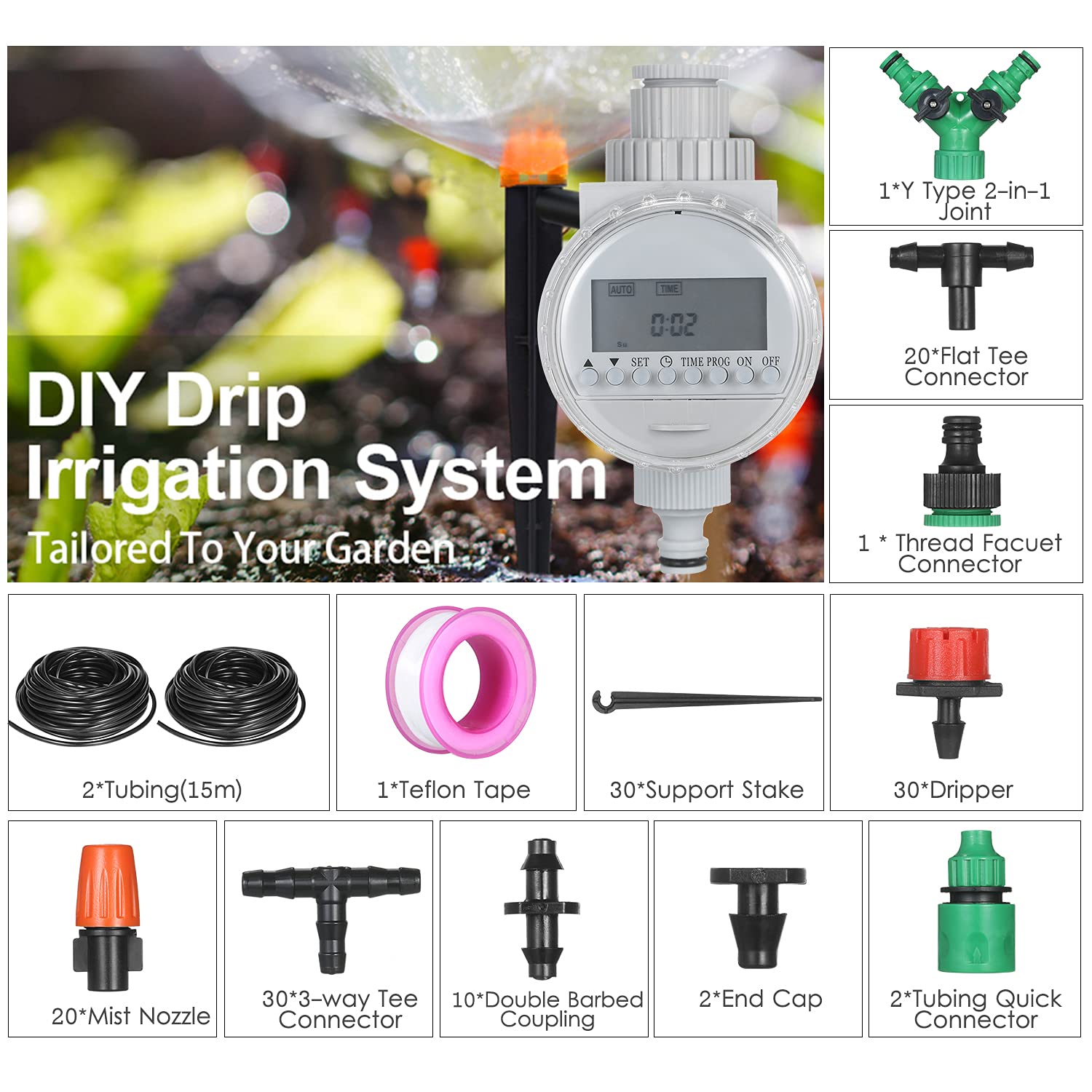 Kit di irrigazione a goccia fai da te con timer elettronico automatico ugelli nebulizzatori gocciolatori e tubi per giardino prato patio