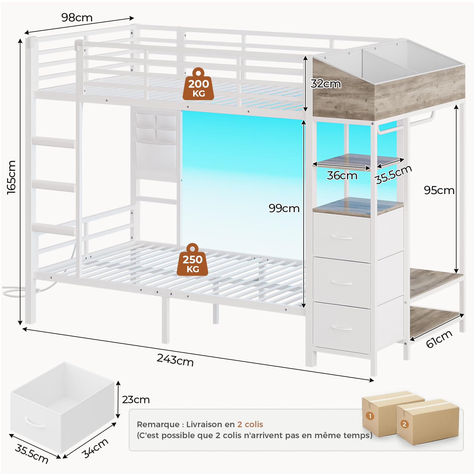 Hochbett 90x200 Jugendbett mit Treppe und Rausfallschutz Bunk Bed mit LED Beleuchtung und Ladestation Modernes Etagenbett mit Garderobenständer und Stauraum für Kinder Jugendliche und Erwachsene