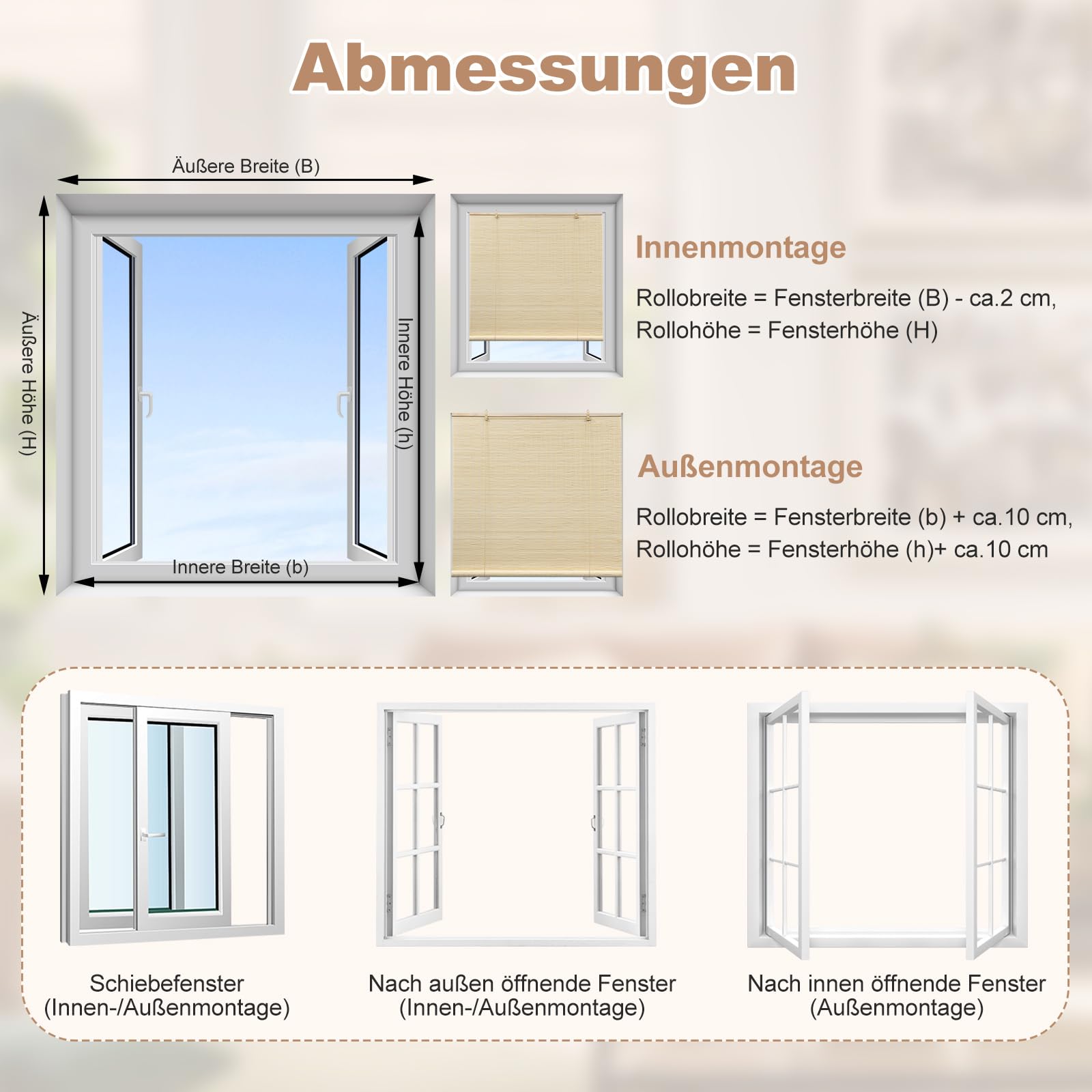 WOLTU Tenda a Rullo in Bambù, Protezione Solare, Protezione della Privacy, Oscurante da Interno a Rullo per Finestra/Porta, Tenda di Ventilazione, Naturale, 100x220 cm