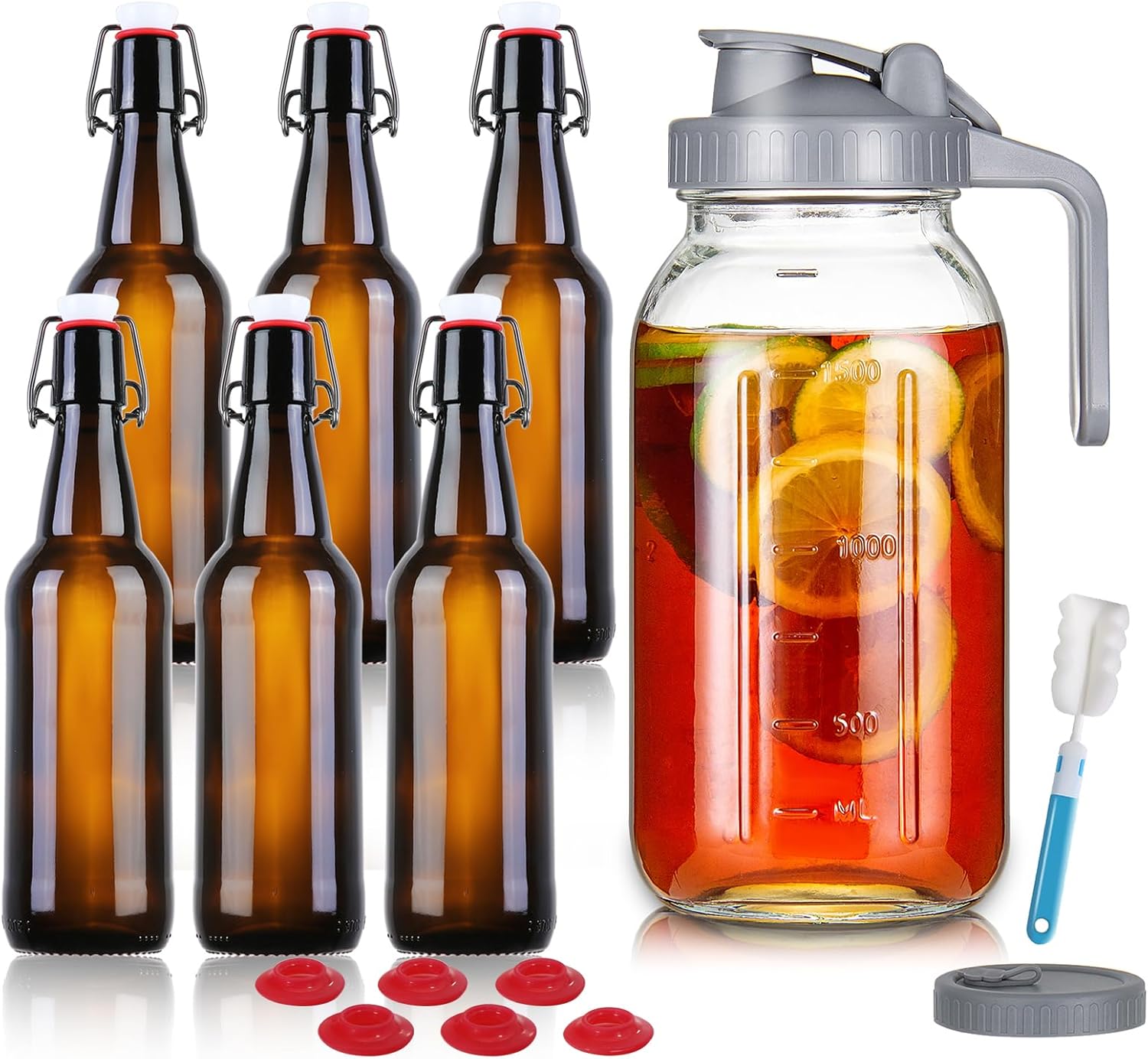 YEBODA 16 oz Amber Glass Beer Bottles with Flip Caps 6 Pack + 64oz Glass Pitcher with Lid Grey