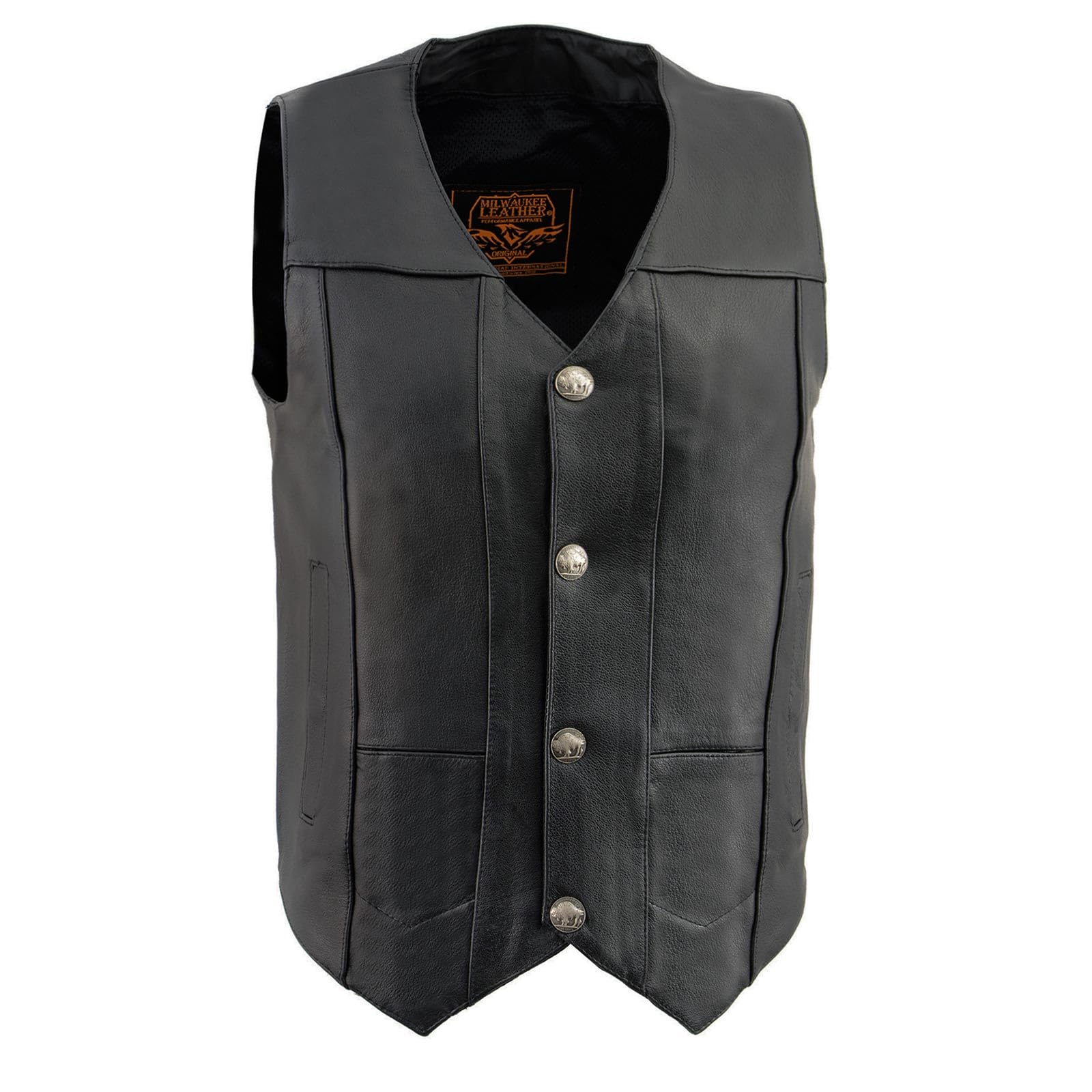 Milwaukee Leather LKM3700 Men's Black Leather Classic V-Neck Motorcycle Rider Vest w/Buffalo Nickel Snaps Closure - 6X-Large